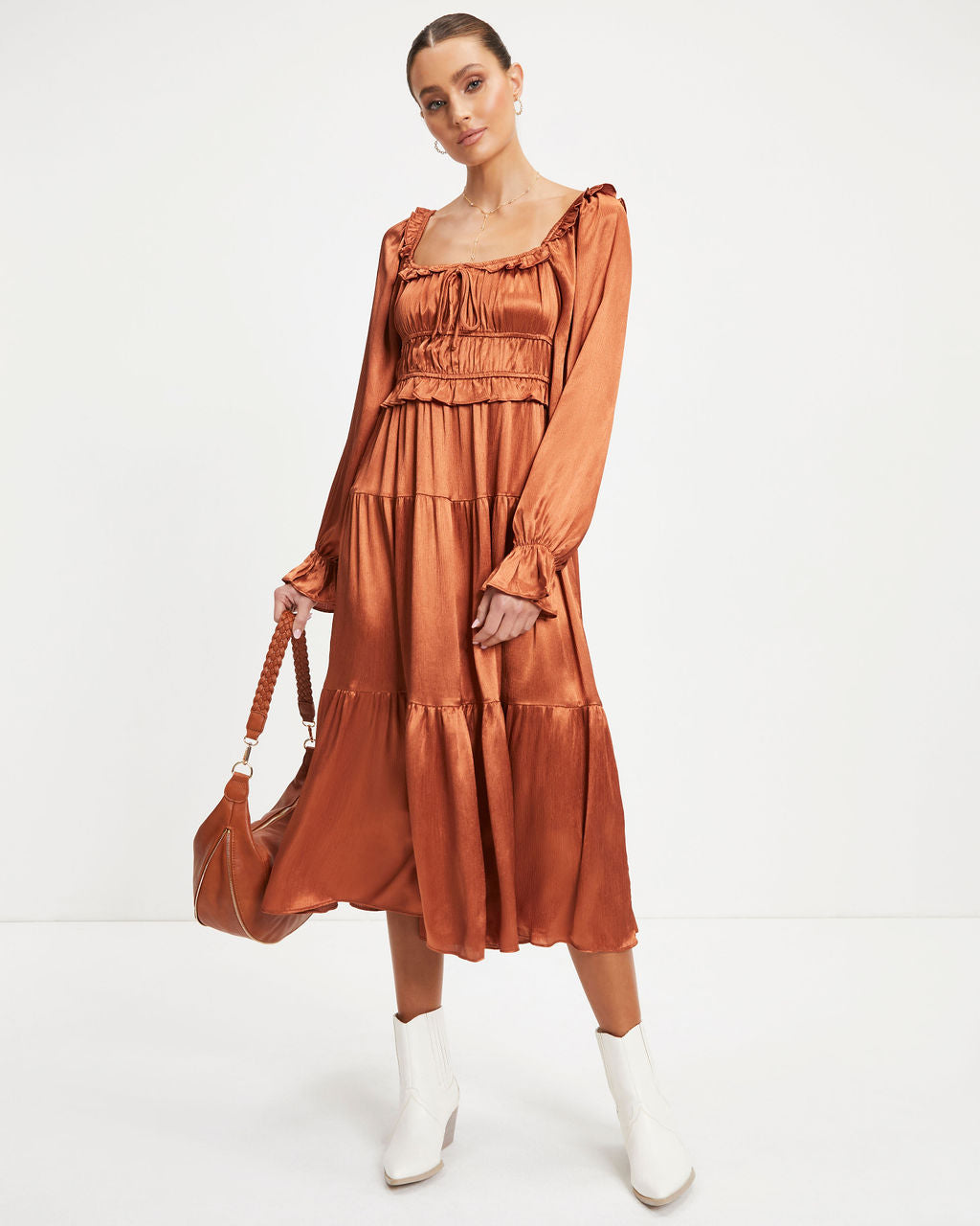 Thousand Words Satin Tiered Ruffle Midi Dress - Rust - Se7enfashion