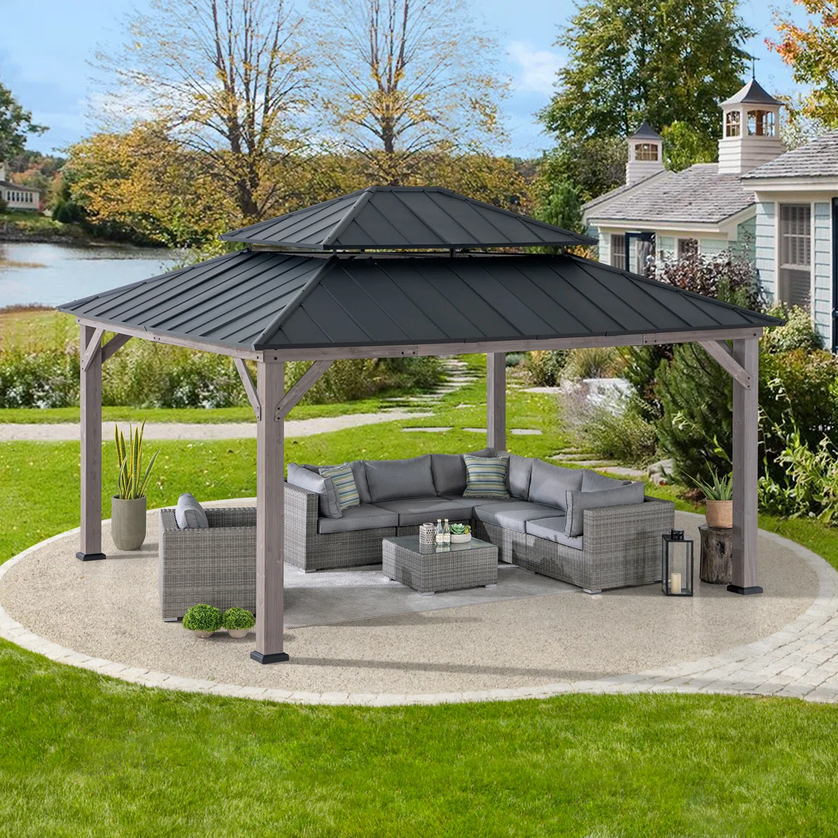 WAYFAIR Sunjoy 13 X 15 Ft. Wood Gazebo, Outdoor Patio Steel Hardtop Gazebo, Cedar Framed Wooden Gazebo With 2-Tier Metal Roof, Suitable For Patios, Lawn And Backyard