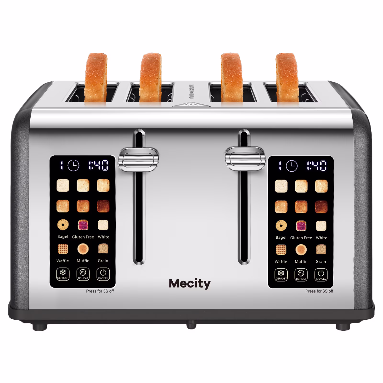 Mecity 4-Slice Touchscreen Toaster, Stainless Steel, 6 Browning Settings, Reheat, Cancel, Defrost, Removable Tray