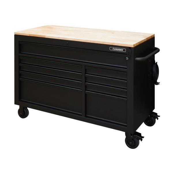 HEAVY-DUTY 52 IN. W 9-DRAWER, DEEP TOOL CHEST MOBILE WORKBENCH IN MATTE BLACK WITH ADJUSTABLE-HEIGHT HARDWOOD TOP