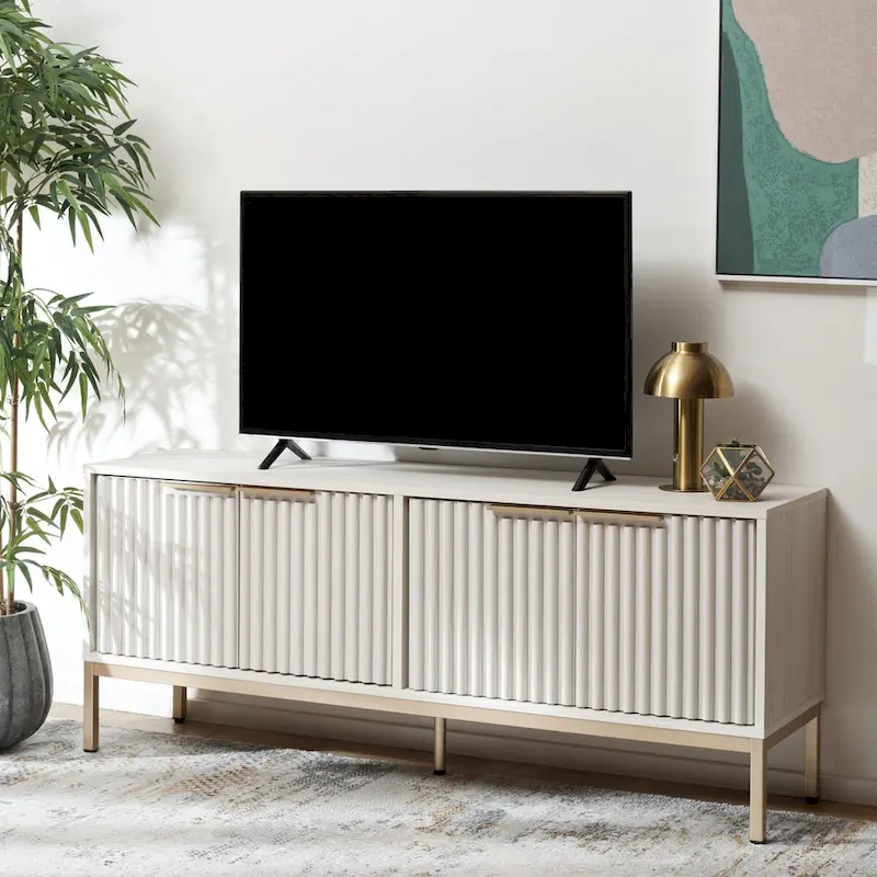Mid Century TV Stand with Tambour Doors and Storage Drawers