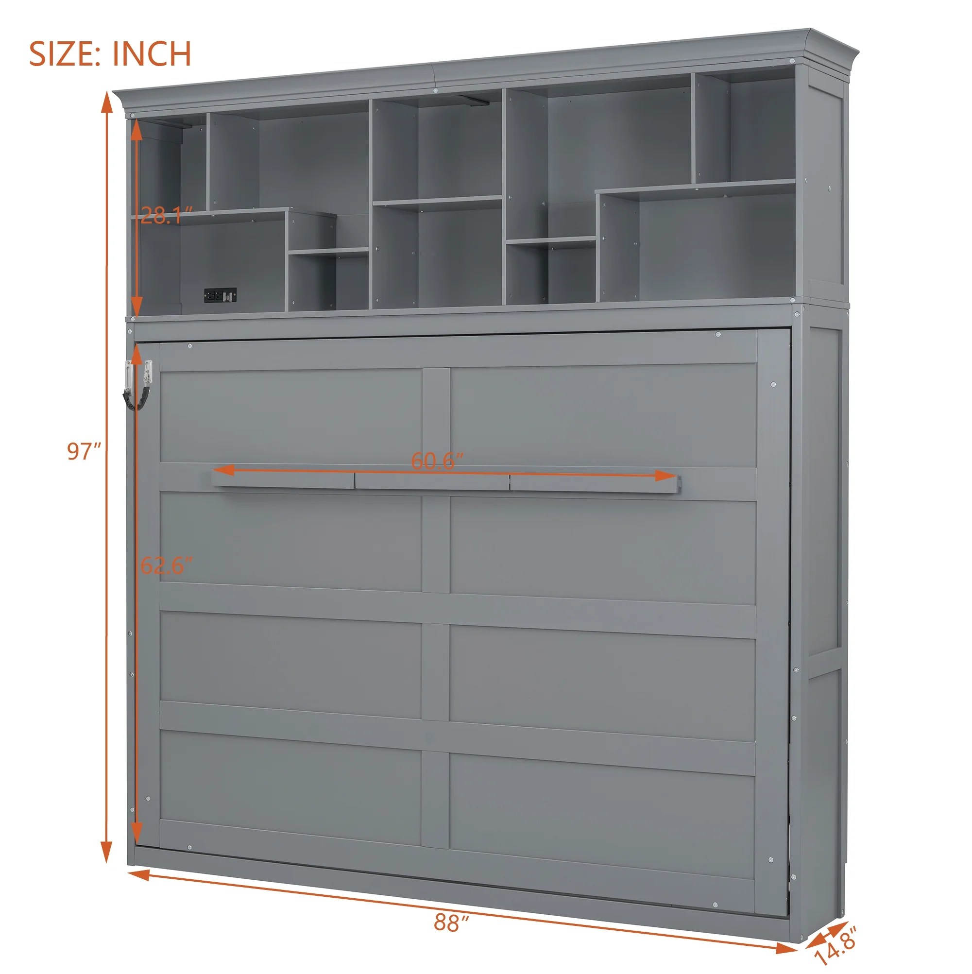Queen Size Murphy Bed Wall Bed with Top Shelves & USB Charging, Space-Saving Cabinet Bed with Flexible Slats, Gray Modern Foldable Bed - Image 11