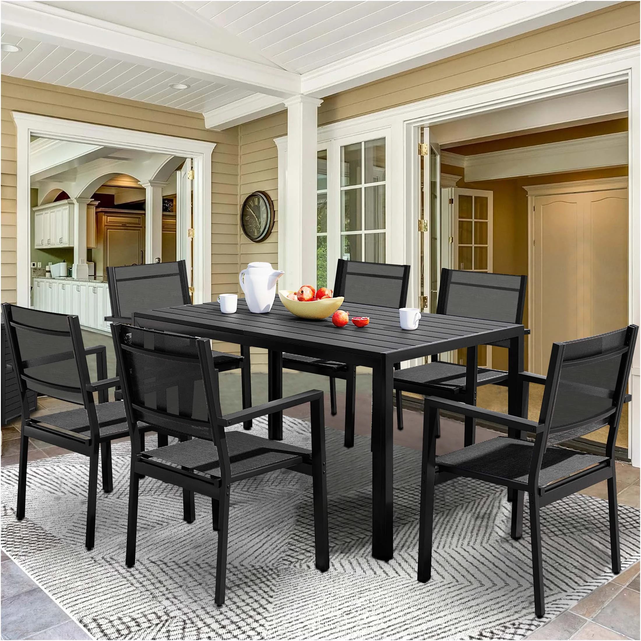 7 Piece Outdoor Dining Set, Patio Dining Table Set for 6 Persons, Garden Patio Textilene Dining Furniture Set with Plastic-Wood Tabletop, Dining Table Chairs Conversation Set for Deck Patio - Image 35