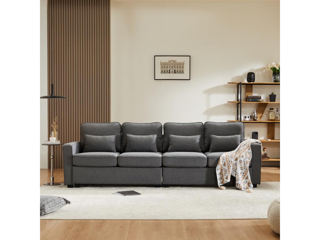 Sofá de 4 plazas, 264x83x87cm, tela de lino, con bolsillos en reposabrazos y 4 cojines, estilo sencillo, para salón, gris oscuro