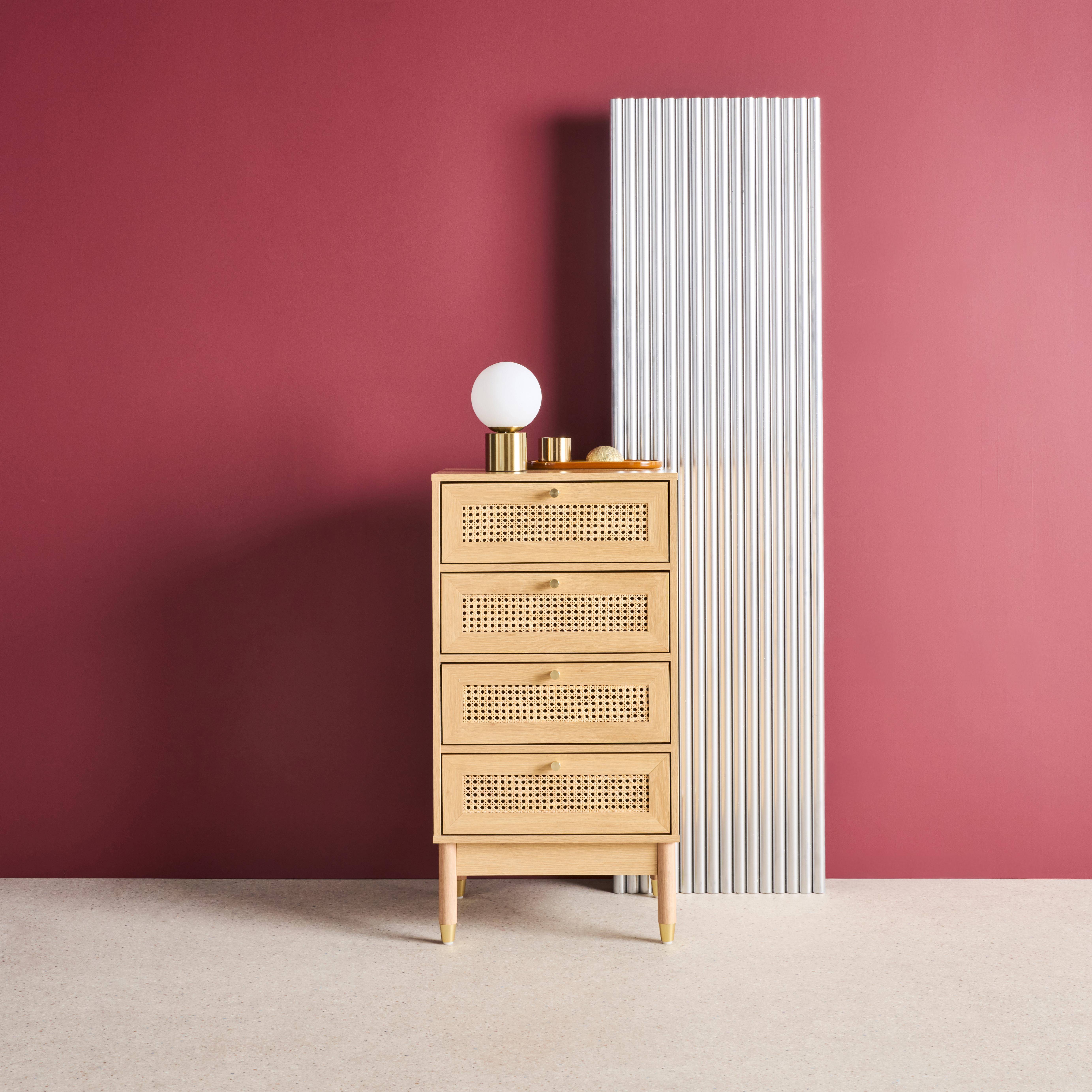Judith - Cómoda con decoración de madera y mimbre, 4 cajones