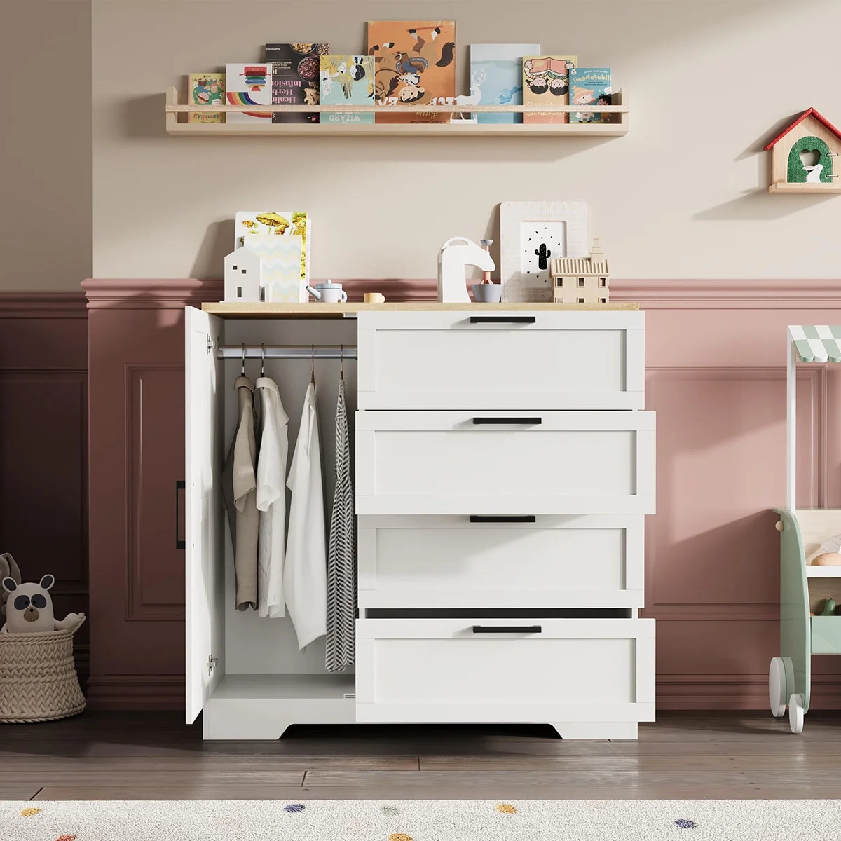 Ataucjin Wood Armoire Wardrobe Closet with 4 Drawers and Door, 43.3" H Bedroom Wardrobe Cabinet with Hanging Rod, Clothing Storage Cabinets, 4 Drawers Dresser with Storage Closet - Image 21