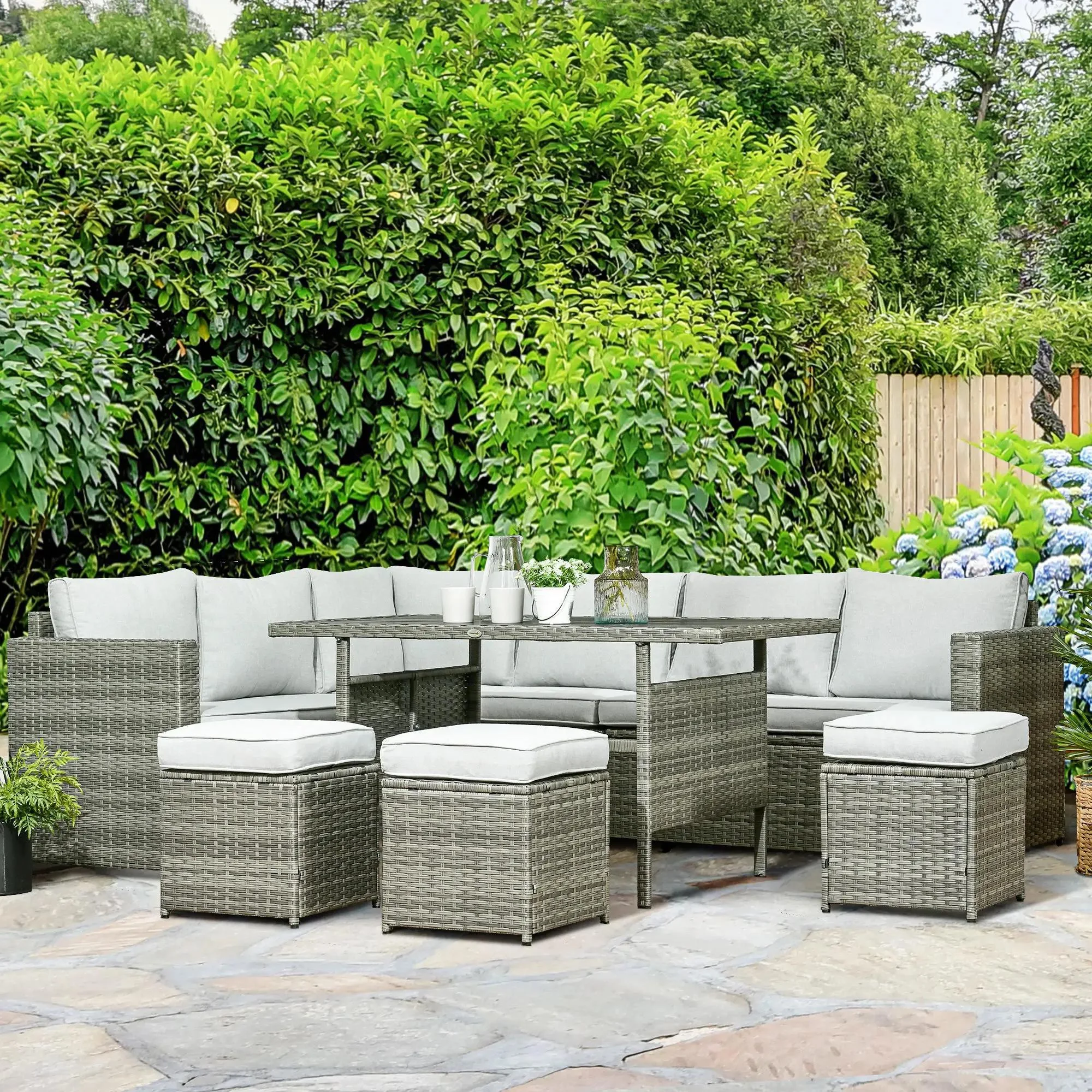 Resenkos Wicker Outdoor Patio Furniture Set, L-Shaped 7 Pieces Outdoor Dining Sectional Sofa, Gray - Image 4