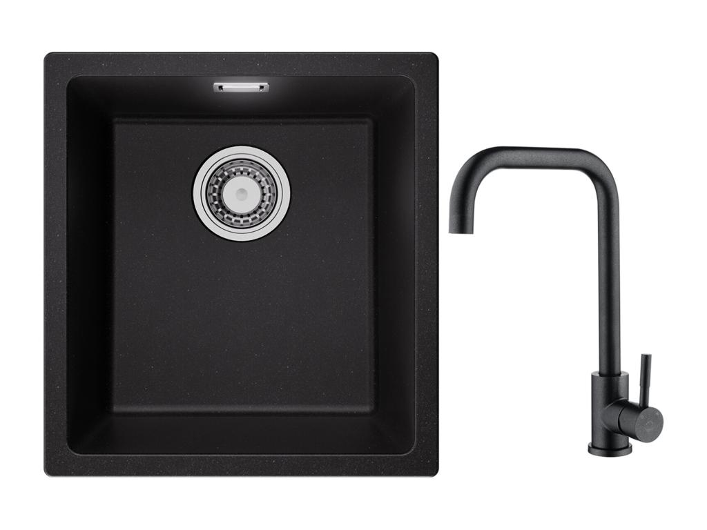 Fregadero de 1 Seno de Cuarzo y Resina, 3 Opciones de Montaje, 40*44*20cm + Grifo de Cocina Mezclador de Acero Inoxidable Negro Estrellado con Caño Alto y Curvo