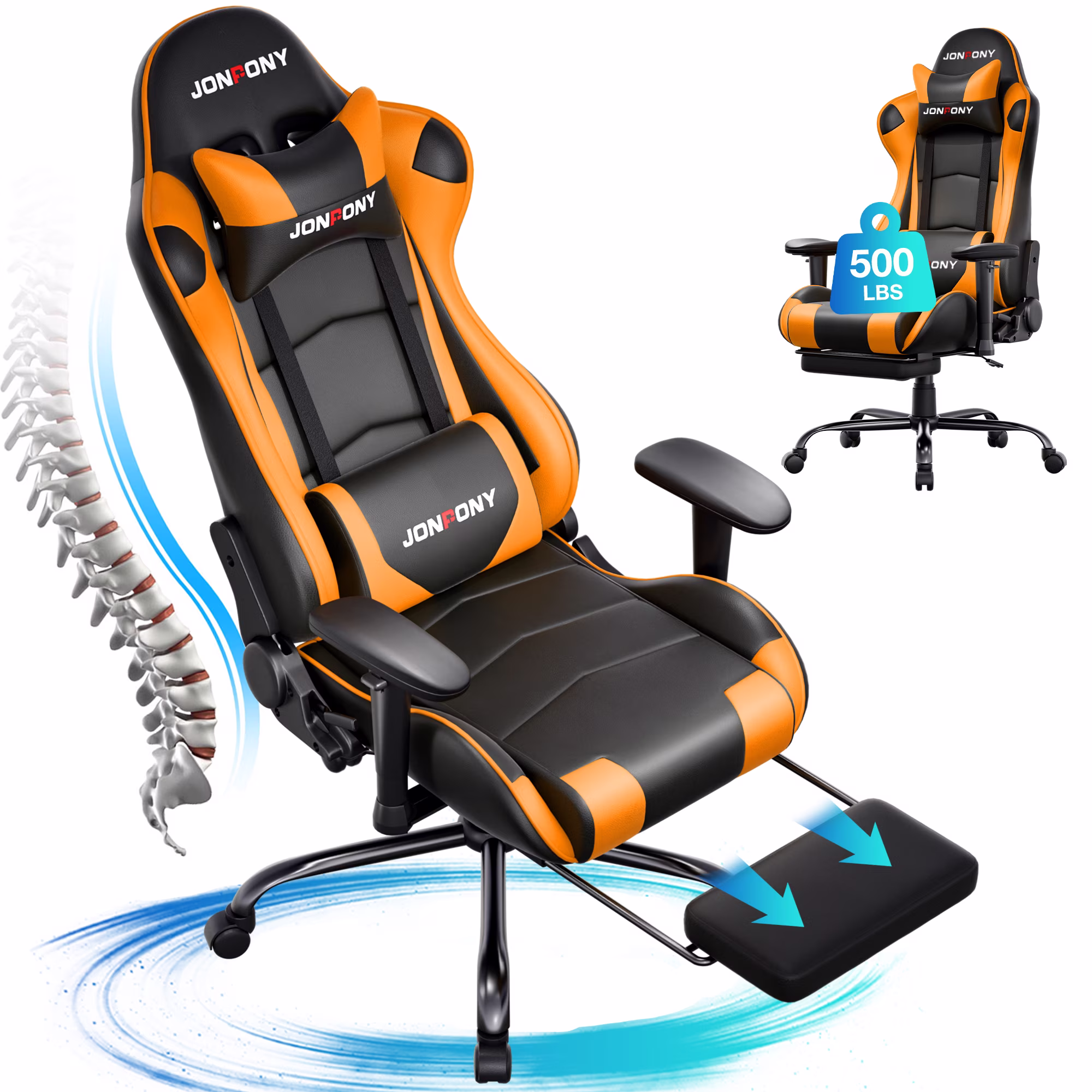 JONPONY Big and Tall 500LBS Gaming Chair, Ergonomic Design, Gamer Chair PU Leather with Footrest and Lumbar Support, High Back Office Chair Support 8 Hours Long Sitting,Red Computer Chair,Red - Image 7