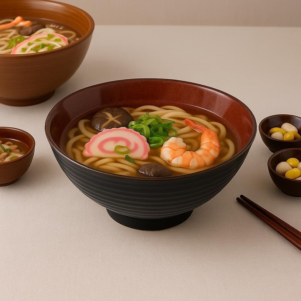2x Ceramic Ramen Bowls - 40 oz - 20cm - With Spoon and Chopsticks for Ramen Soup Pho Udon Asian Noodles, Large Noodle Bowls (Brown glaze 2 sets)