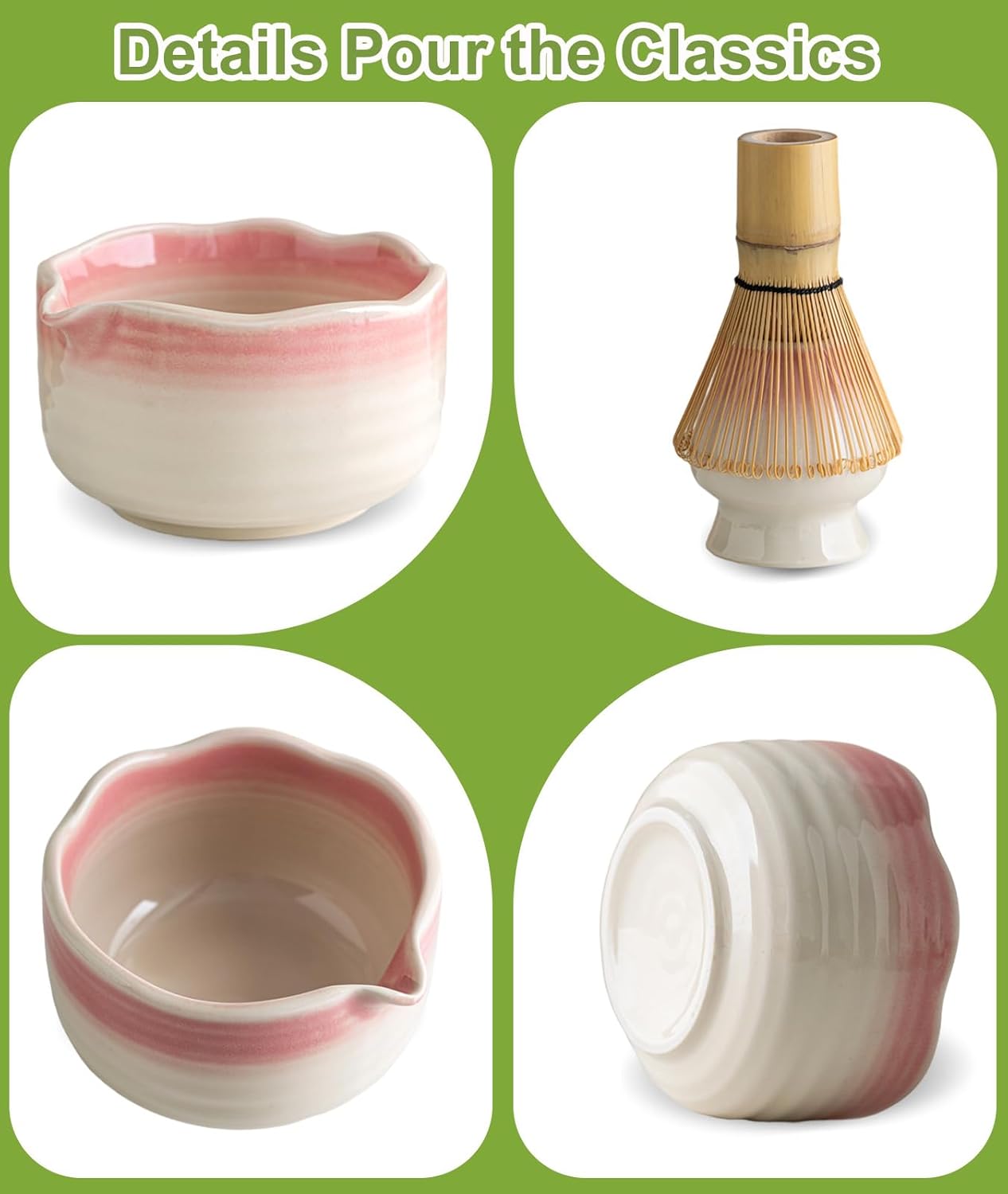 JBER Matcha Whisk Set, Ceramic Matcha Set Includes Bowl & Holder, Bamboo Whisk (Chasen), Sifter, Scoop, Spoon & Rest - 7PCS Matcha Kit Gift for Matcha Lovers & Beginners, Gradient Pink