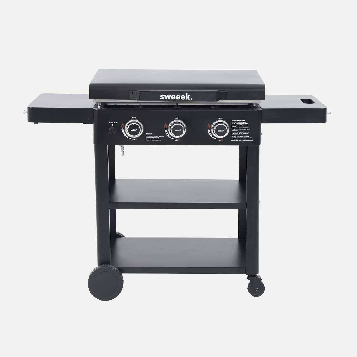 Raoul - Plancha de gas 3 quemadores acero inoxidable 12kW con carrito y utensilios