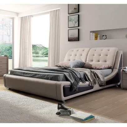 Olivia Contemporary Button Tufted Faux Leather Platform Bed, Beige/Brown, Queen