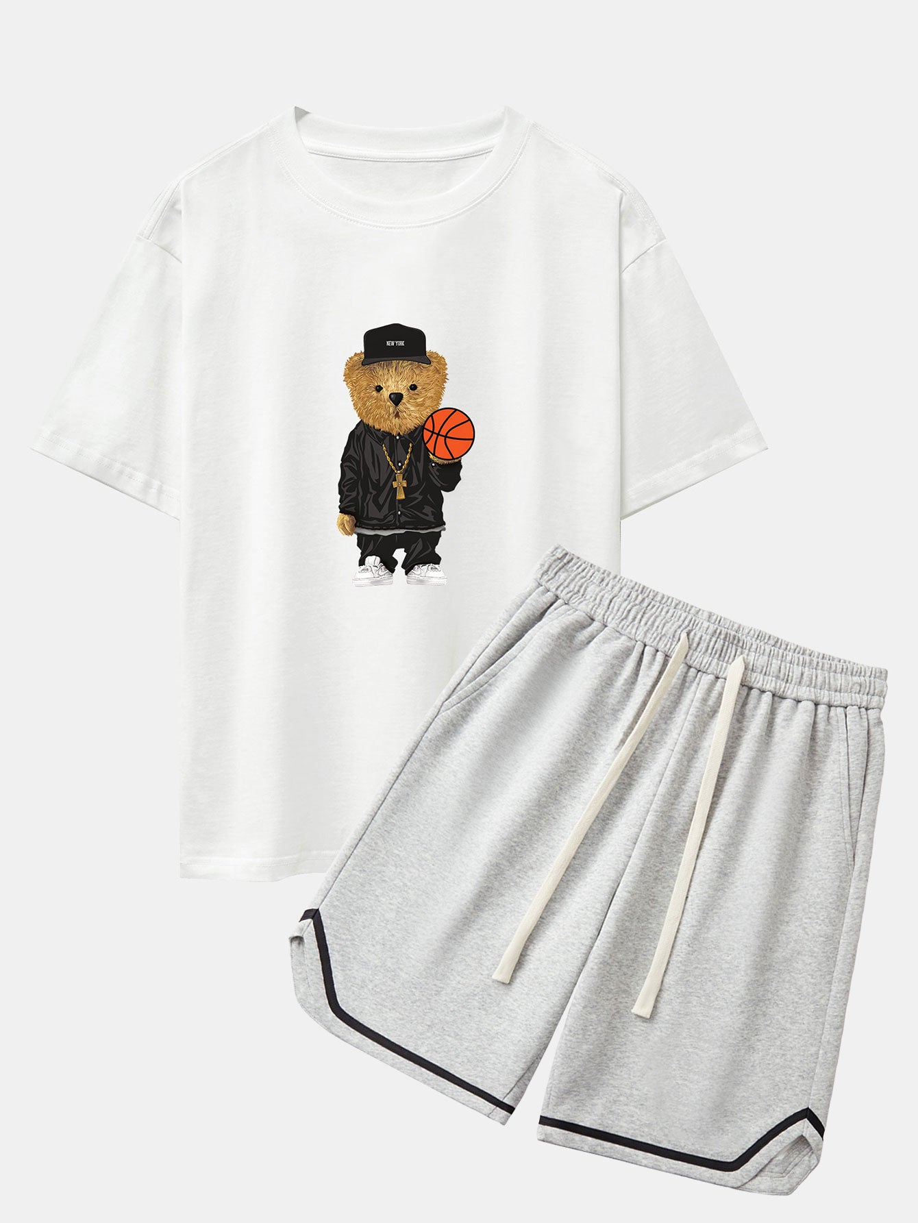 Basketball Bear Print Drop Shoulder Oversize T-Shirt & Jersey Basketball Shorts