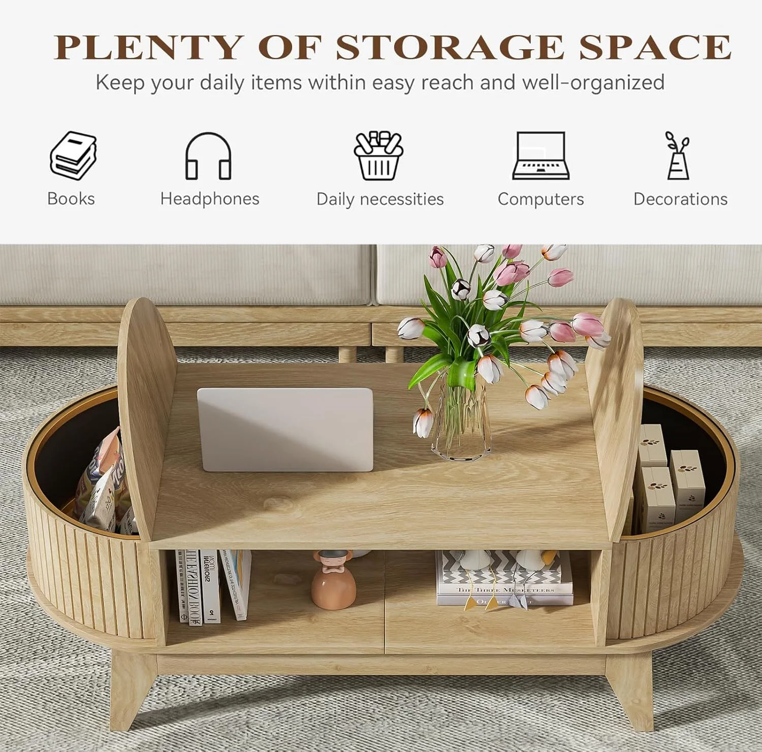 Fluted Coffee Table with Storage, Modern Coffee Tables, Wood Accent Center Table - Image 6