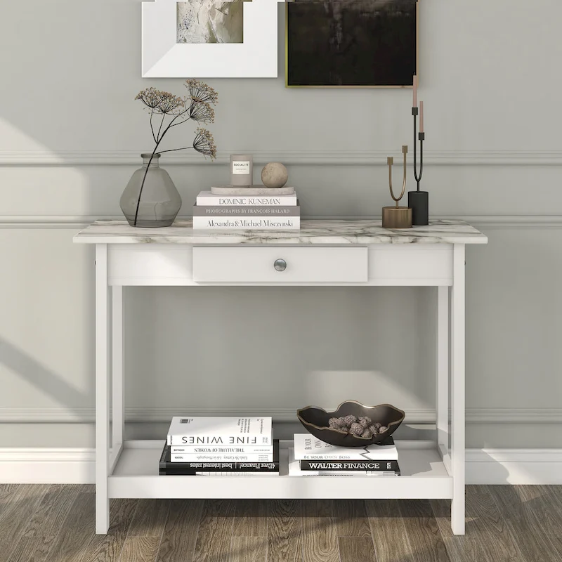 Denhour DH BASIC 4-Piece Open-Shelf Coffee Table Set with Drawer in Transitional Rubberwood