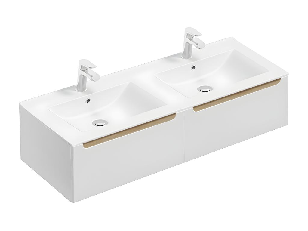 Conjunto de muebles con doble lavabo encastrado 120cm 2 cajones y columna Livia Tucasago y Madera