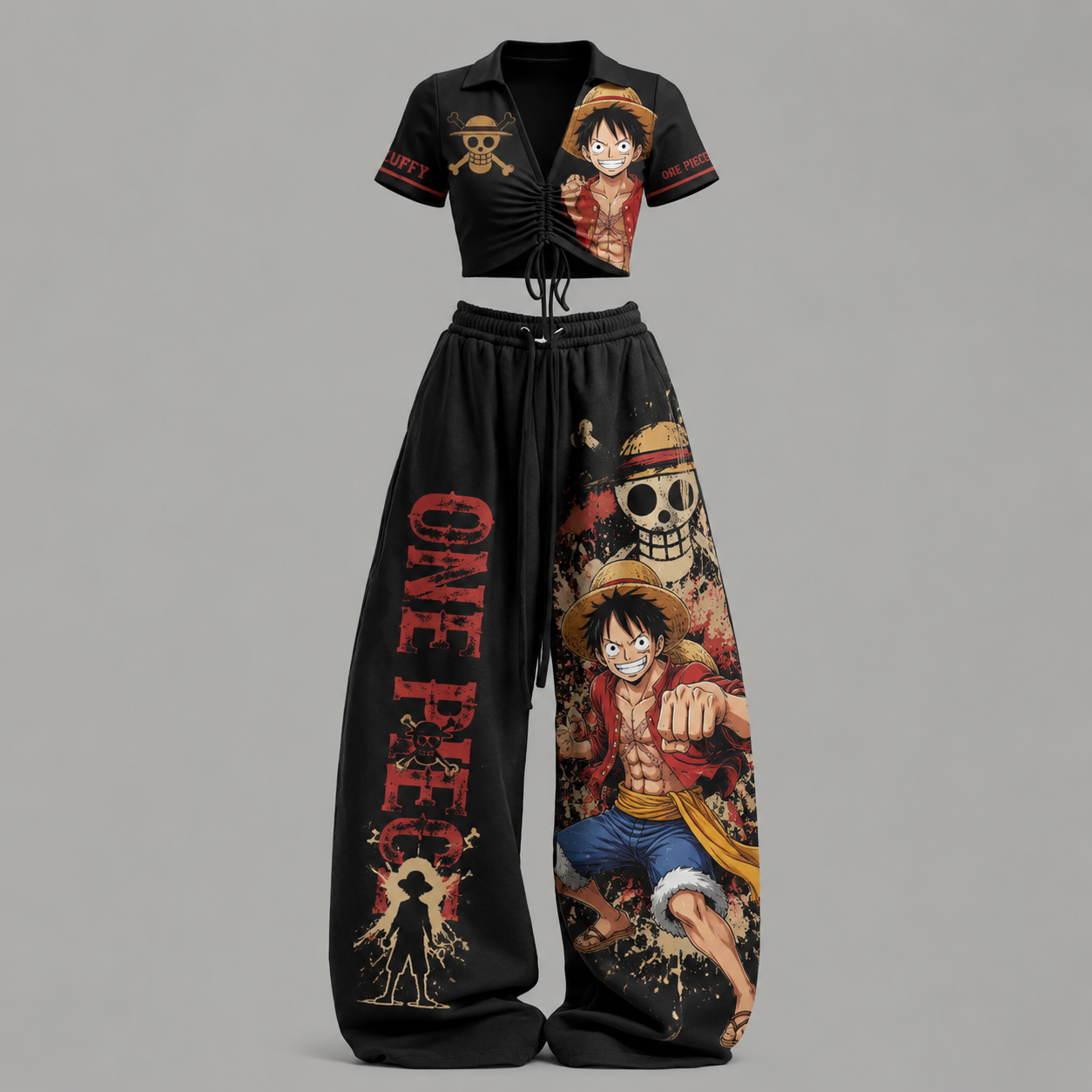One Piece Drawstring Short Sleeve Top & Long Pants Two-Piece Set