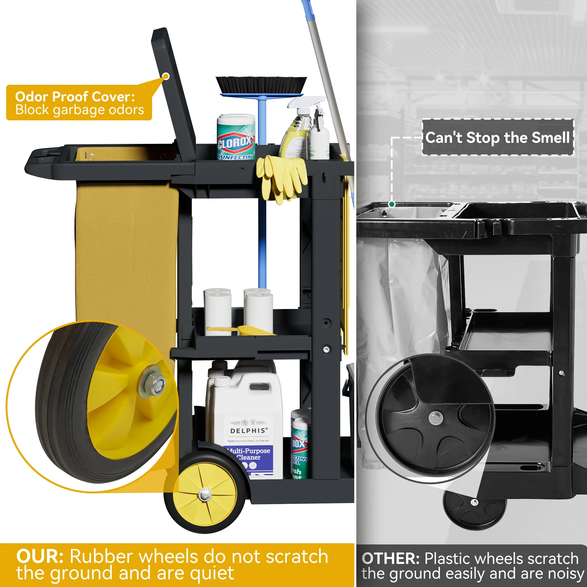 Dextrus Commercial Janitorial Trolley Cleaning Cart, 25 Gallon Capacity with Cover, for Housekeeping & Facility Maintenance, Black - Image 6