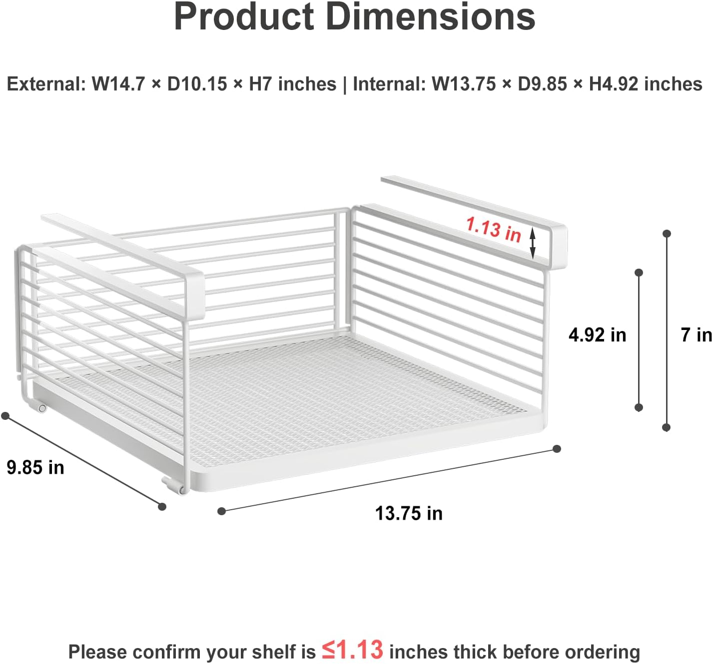 Under Shelf Storage Basket, Hanging Wire Basket with 1.13 Inches Thick Clips for Kitchen, Pantry or Laundry Room, Under Cabinet or Desk Storage Organizer, White, 2 Pack