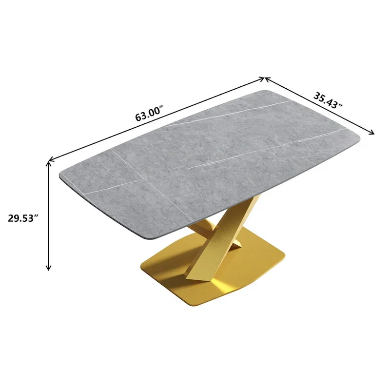 63-Inch Contemporary Dining Table with Slate Stone Surface and Metal Legs, Marble Finish