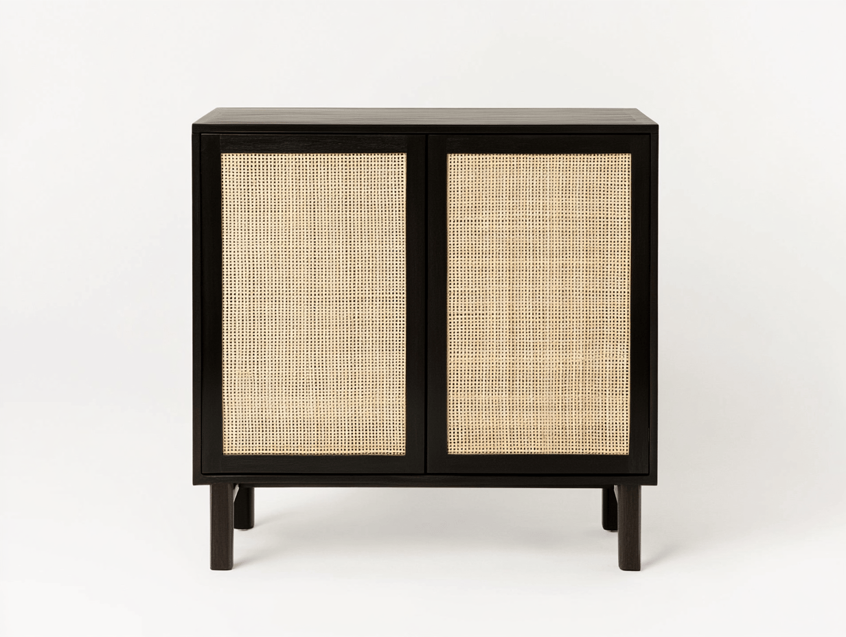 Armario auxiliar con puertas – 2 puertas de rejilla de ratán – 80×40×90 cm – negro/mimbre – estilo vintage nórdico elevado