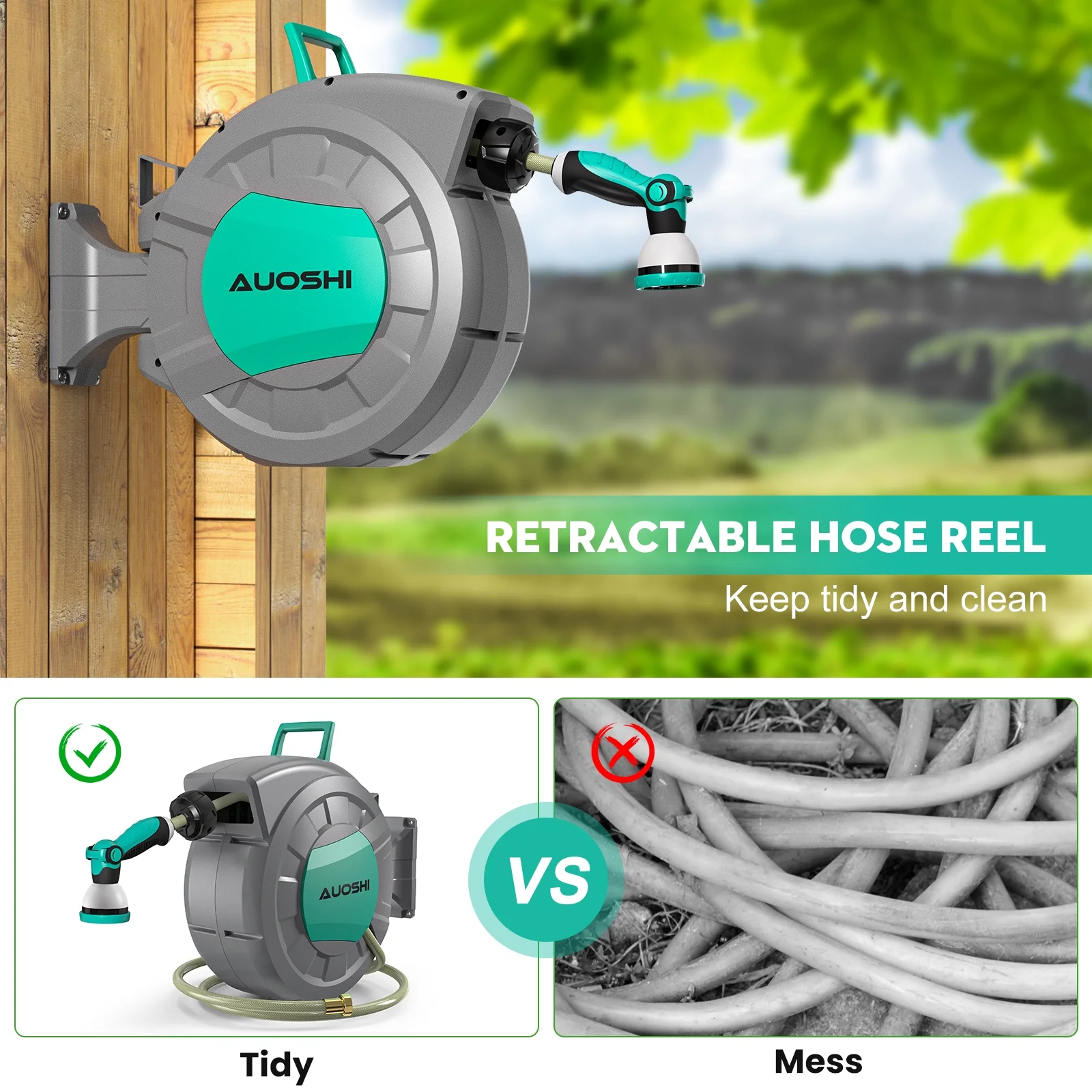 AUOSHI Retractable Garden Hose Reel 1/2" 100ft Automatic Hose Reel with 10 Function Sprayer Nozzle Wall Mount 180 Deg Swivel Bracket Hose Reel with Any Length Lock Slow Return System - Image 6