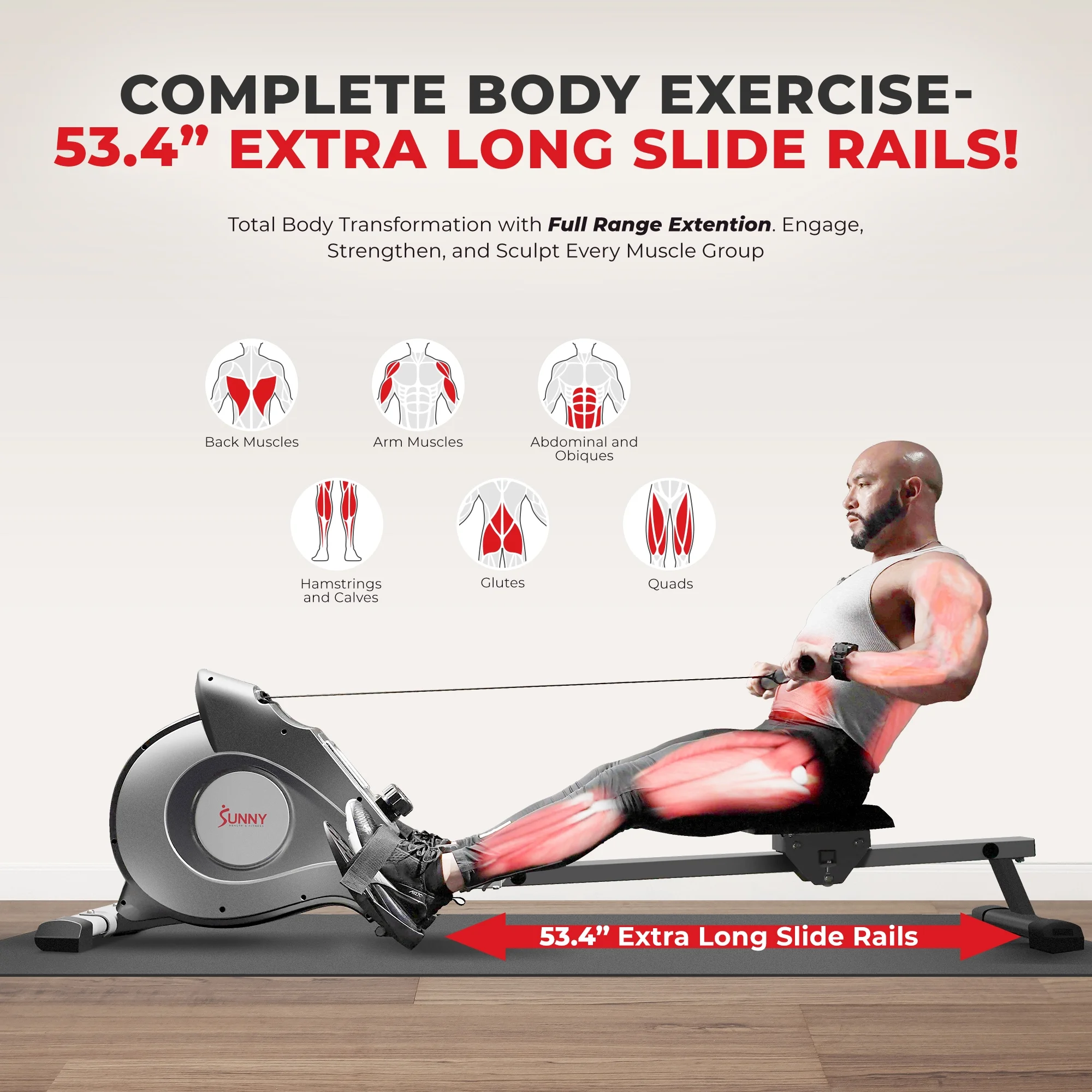 Sunny Health & Fitness 53.4" Extended Slide Rail Magnetic Rowing Machine Rower with Free SunnyFit App Membership - SF-RW5515 - Image 2