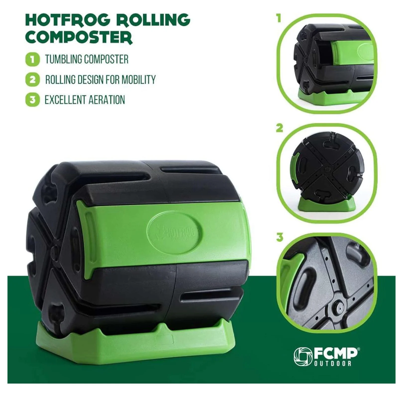 TriGol HOTFROG Rolling 37-Gallon Single Chamber Batch Tumbling Composter - Outdoor Rotating Garden Compost Bin, Black & Green - Image 5