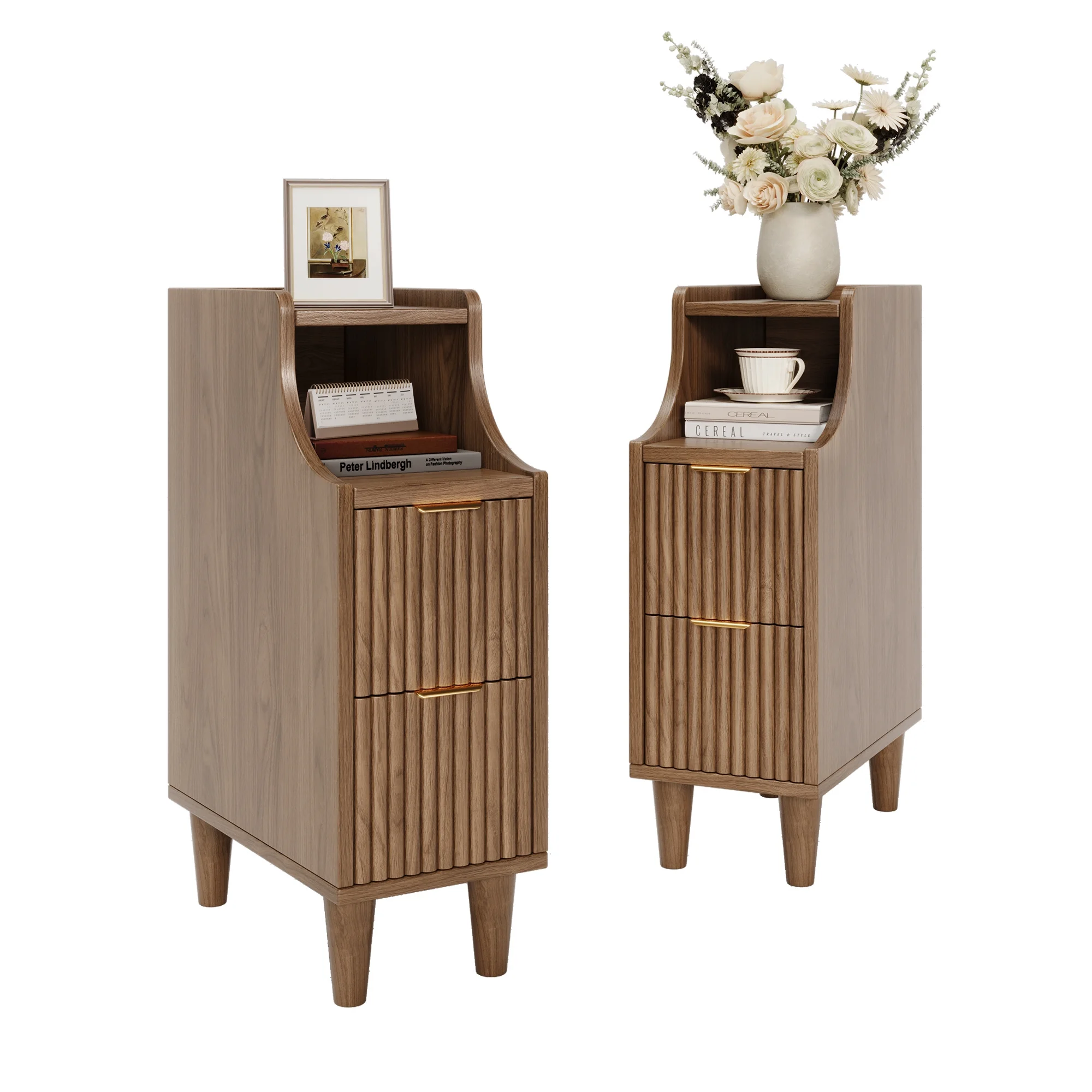UGTOO 24.4"Tall Walnut Finish 2PC Bedside Table Set with 2 Large Drawers & Top Storage Space Open Shelf, Sturdy Wood Legs, Vintage Cabinet Nightstand for Bedroom with Metal Handle - Image 6