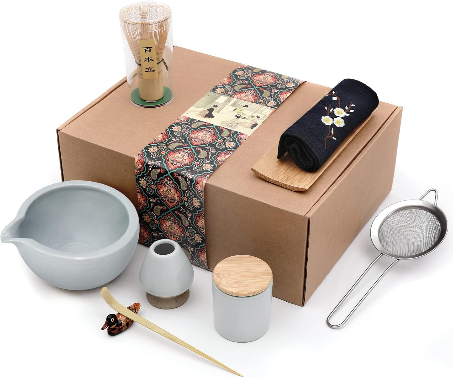 Artcome Japanese Matcha Tea Set, Bowl with Pouring Spout, Whisk, Tea Scoop, Ceramic Whisk Holder, Matcha Powder Caddy, Handmade Matcha Ceremony Kit For Japanese Tea Ceremony (9Pcs)