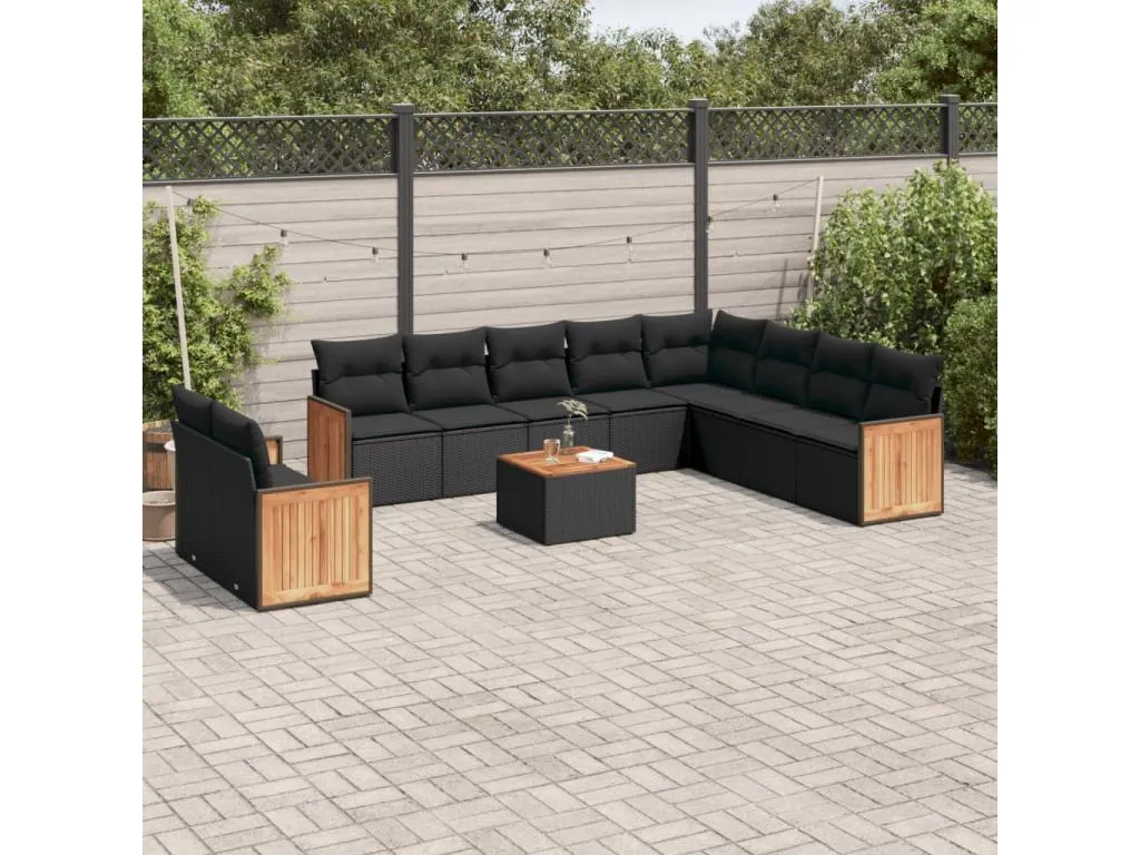 Set de sofás de jardín 11 pzas y cojines ratán sintético negro EMGM77926