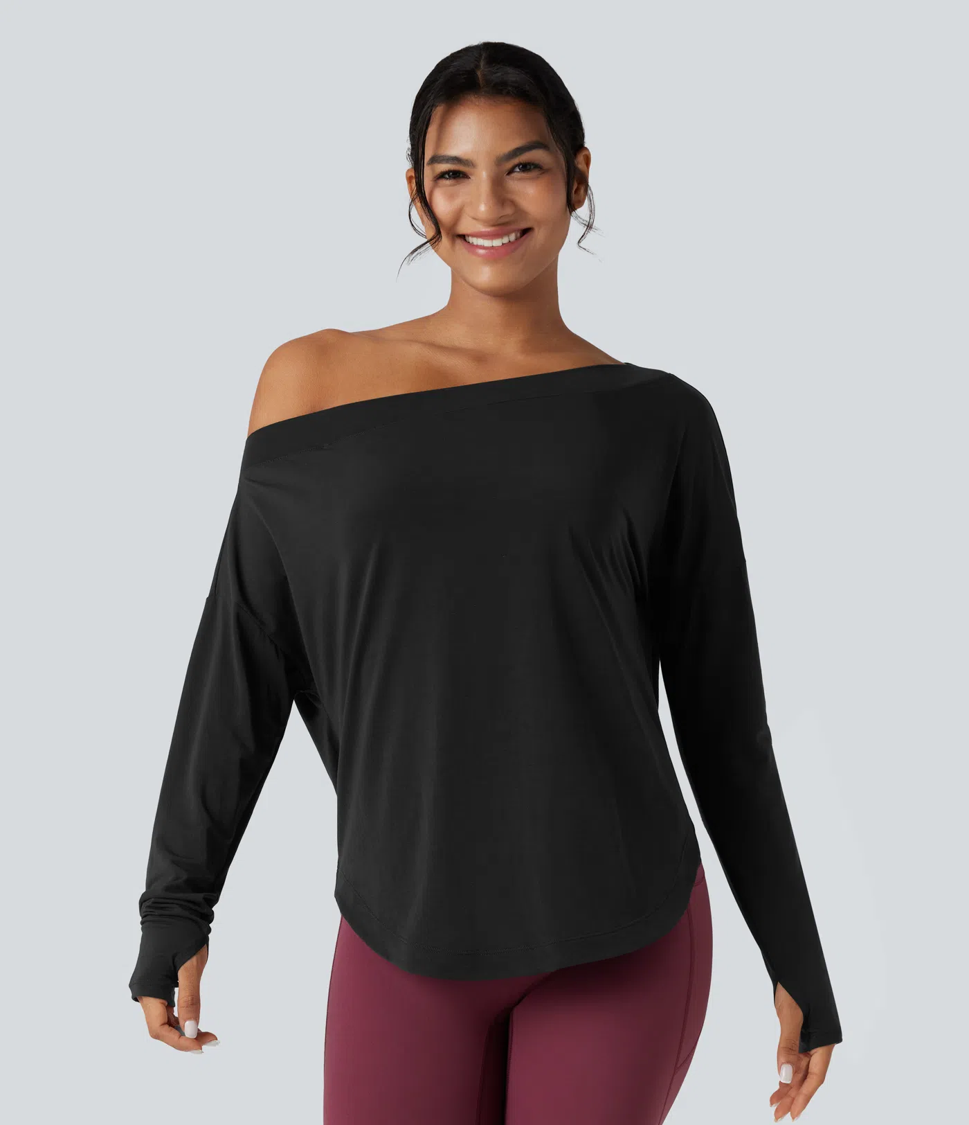 One Shoulder Long Sleeve Thumb Hole Curved Hem High Low Quick Dry Yoga Sports Top