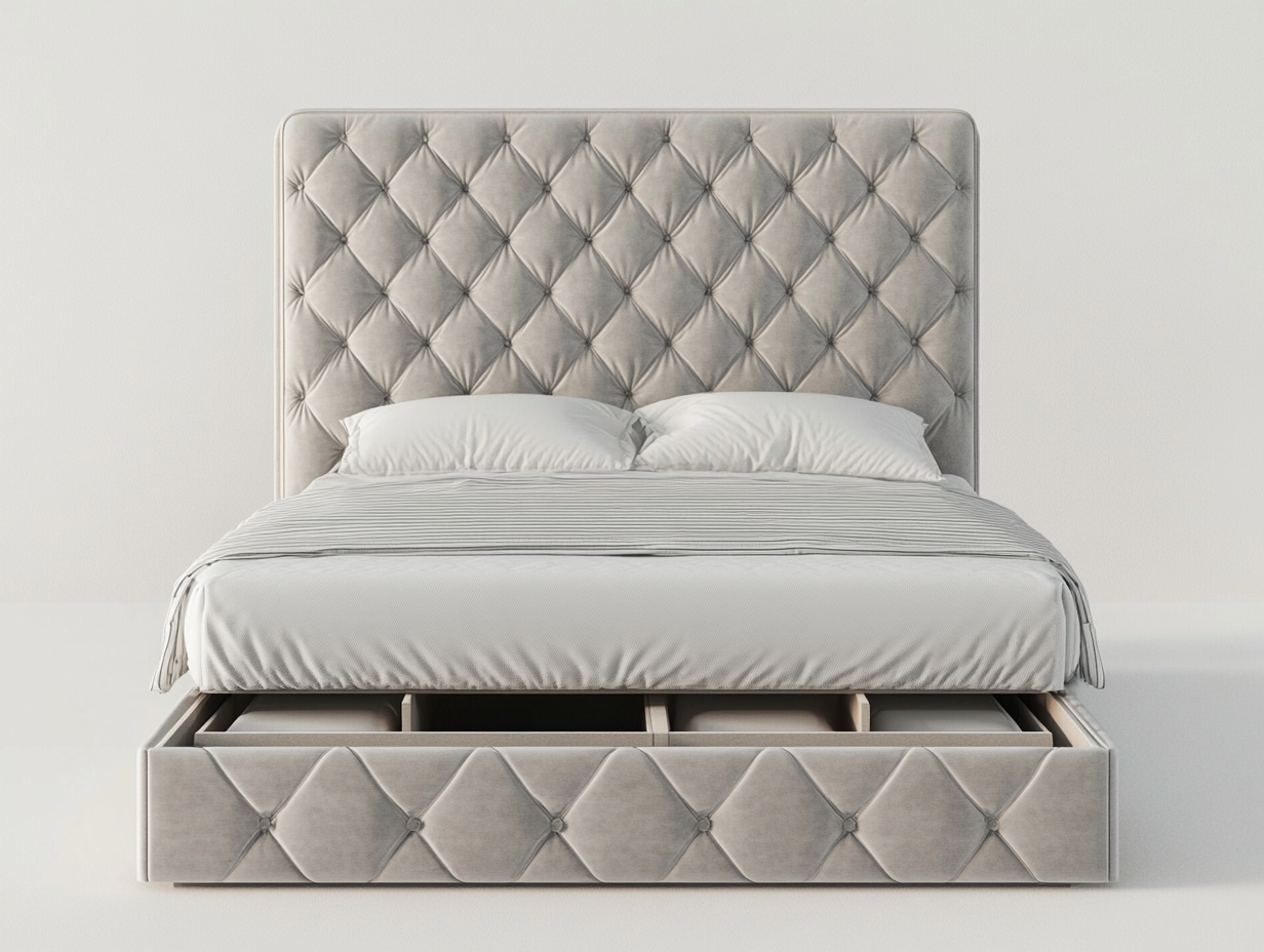 Cama tapizada para dormitorio con cabecera acolchada y almacenamiento integrado