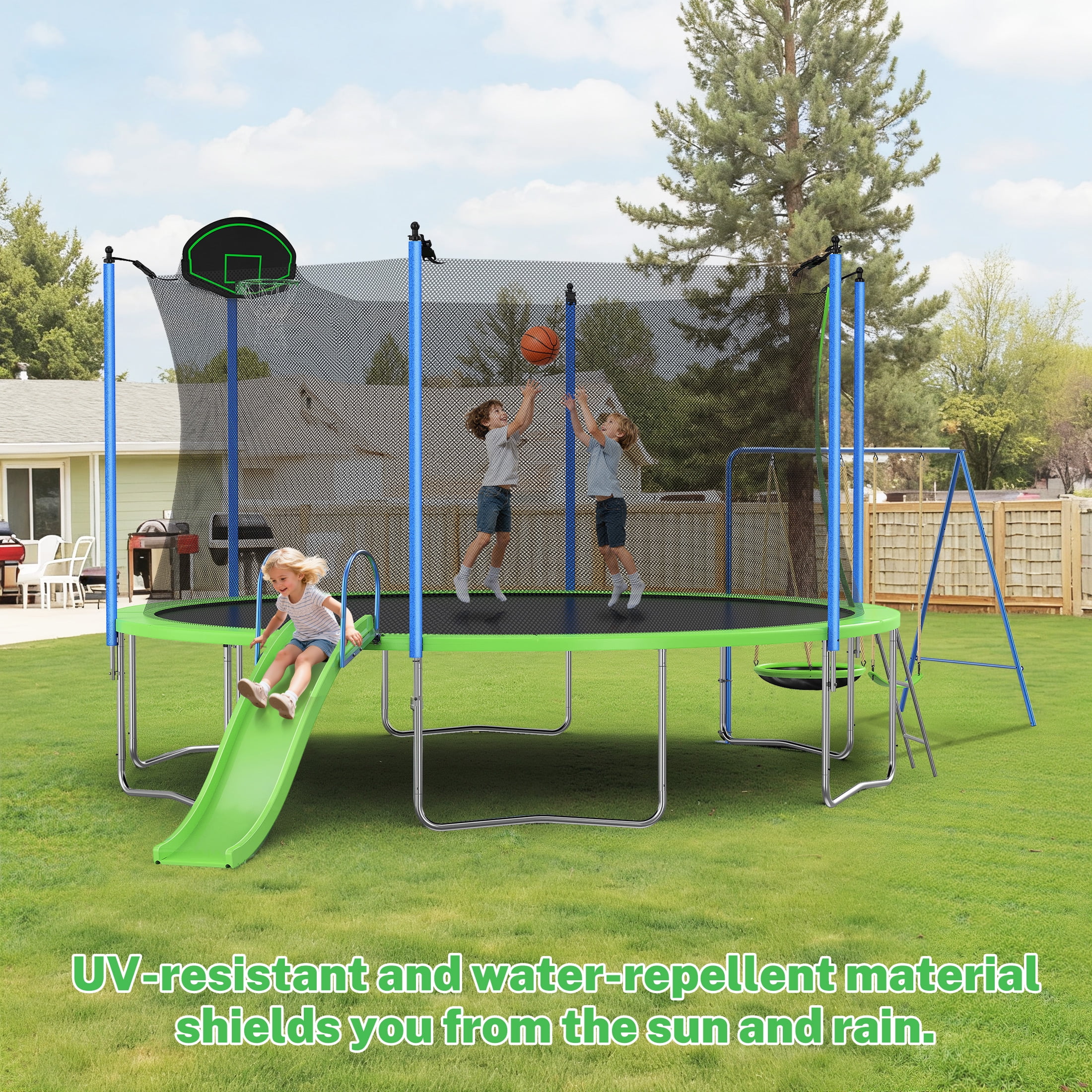 12FT Trampoline with Slide, Swings, SEGMART Recreational Trampoline with Basketball Hoop and Ladder, Heavy Duty Outdoor Backyard Trampoline with Net for Kids and Adults, Green - Image 6