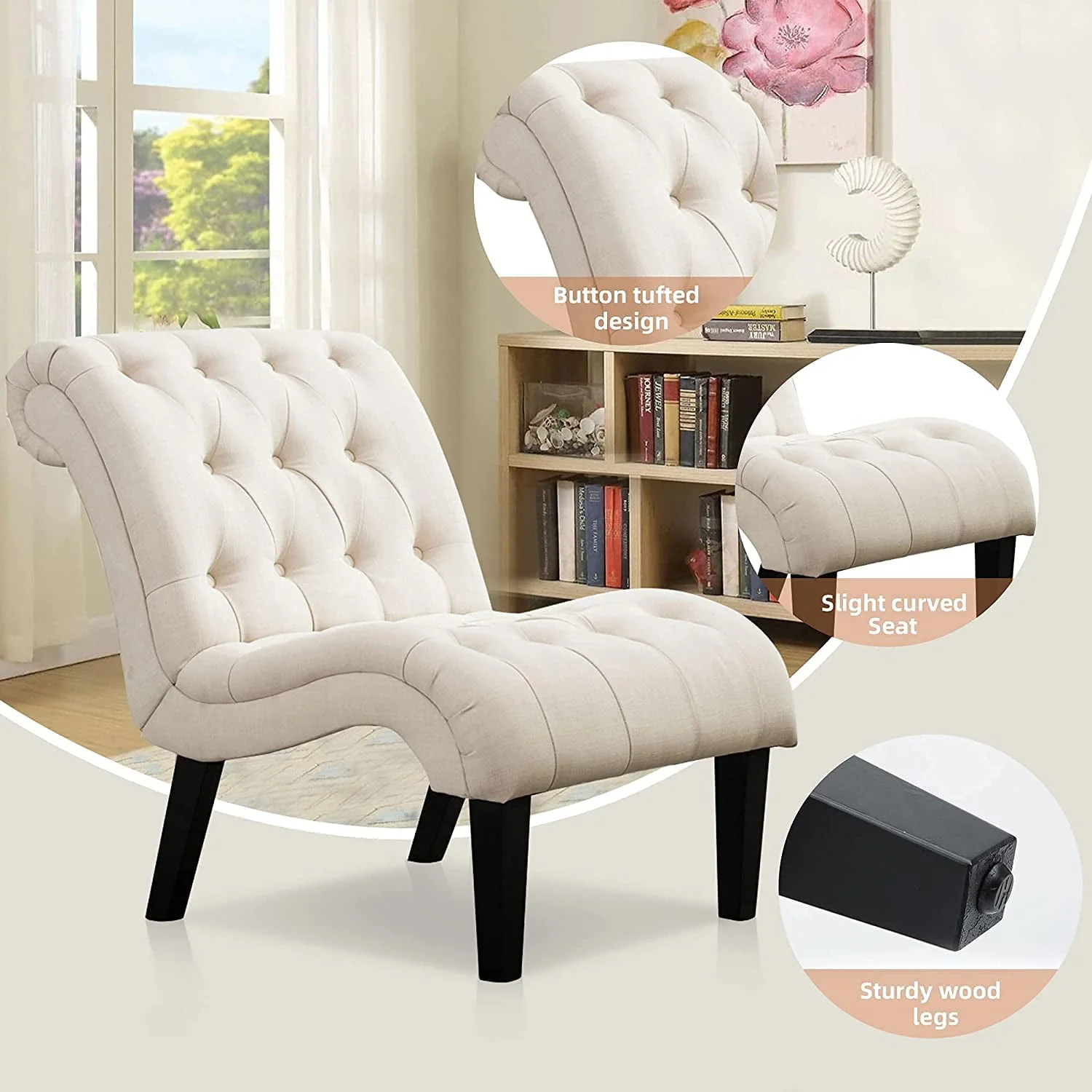 Andeworld Upholstered Accent Chair for Bedroom Living Room Chairs Lounge Chair with Wood Legs Cream Fabric - Image 7