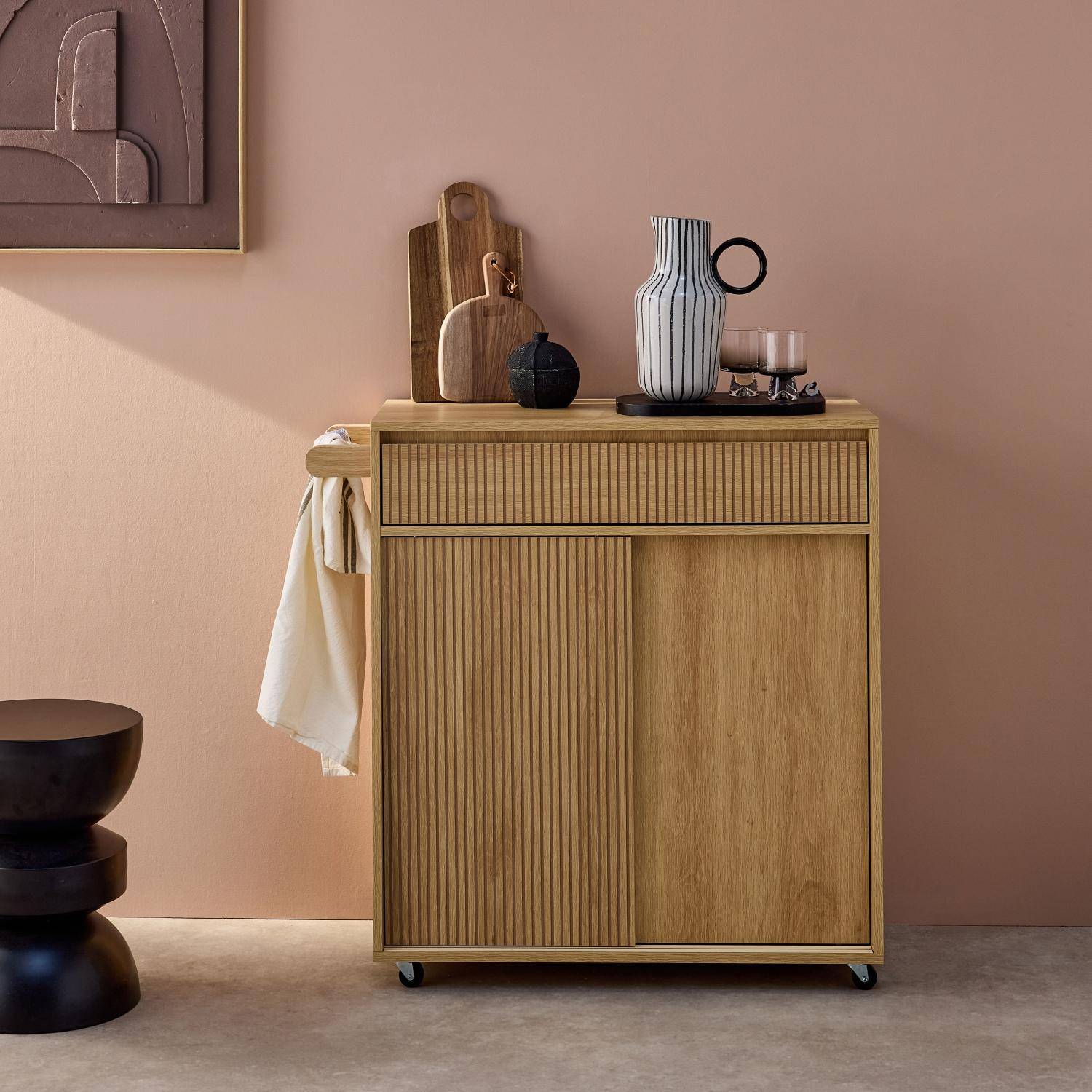Linear - Carro de cocina de madera con 1 tirador y 1 cajón 2 puertas