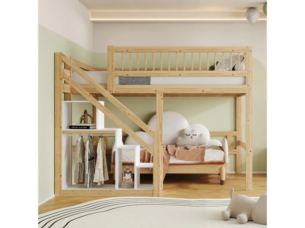 Cama alta 140x200 cm con armario - Decocasaes maciza MDF - Natural y blanco (sin colchón) bbrk63224