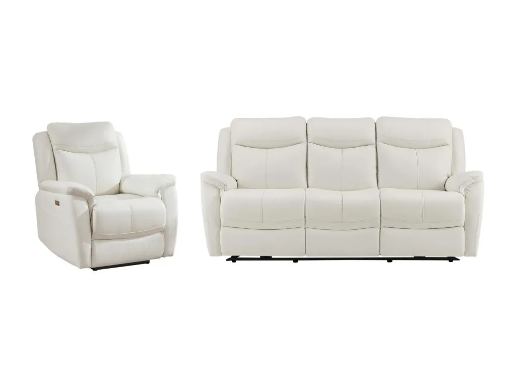 Sofá de 3 plazas y sillón reclinable eléctrico de cuero vacuno blanco Lluesmahome WYVU08611