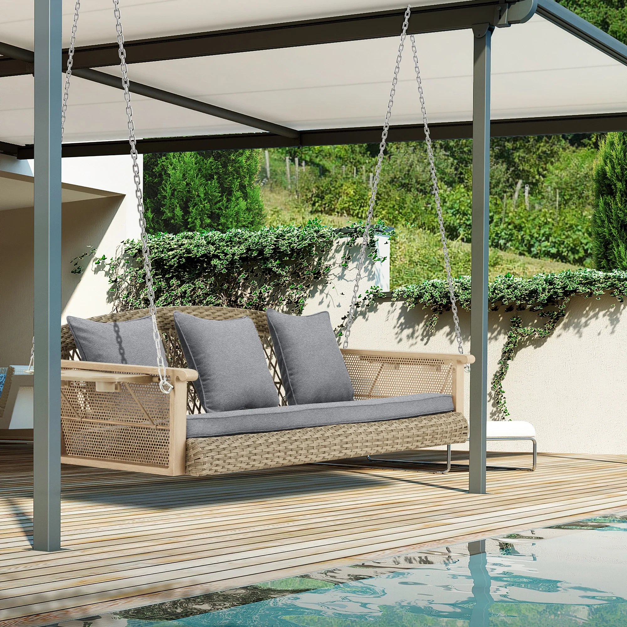 Homrest 3-Person Porch Swing 55in Wicker Hanging Swing Bench with Cushions and Cupholders for Deck, Garden and Backyard, Beige - Image 27