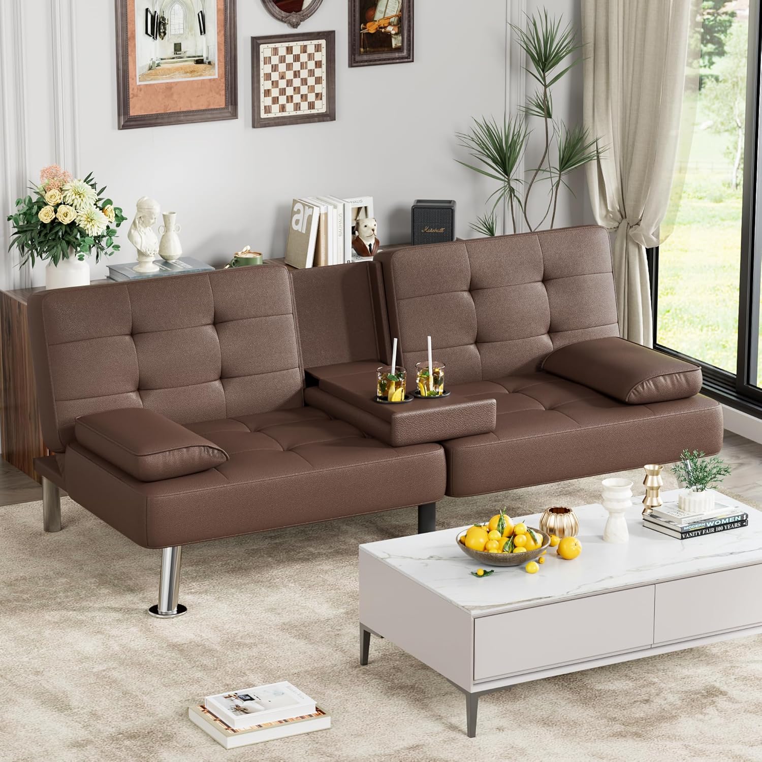 Homall Futon Sofa Bed Leather Futon Couch with Armrests Adjustable Recliner Sleeper Sofa Bed