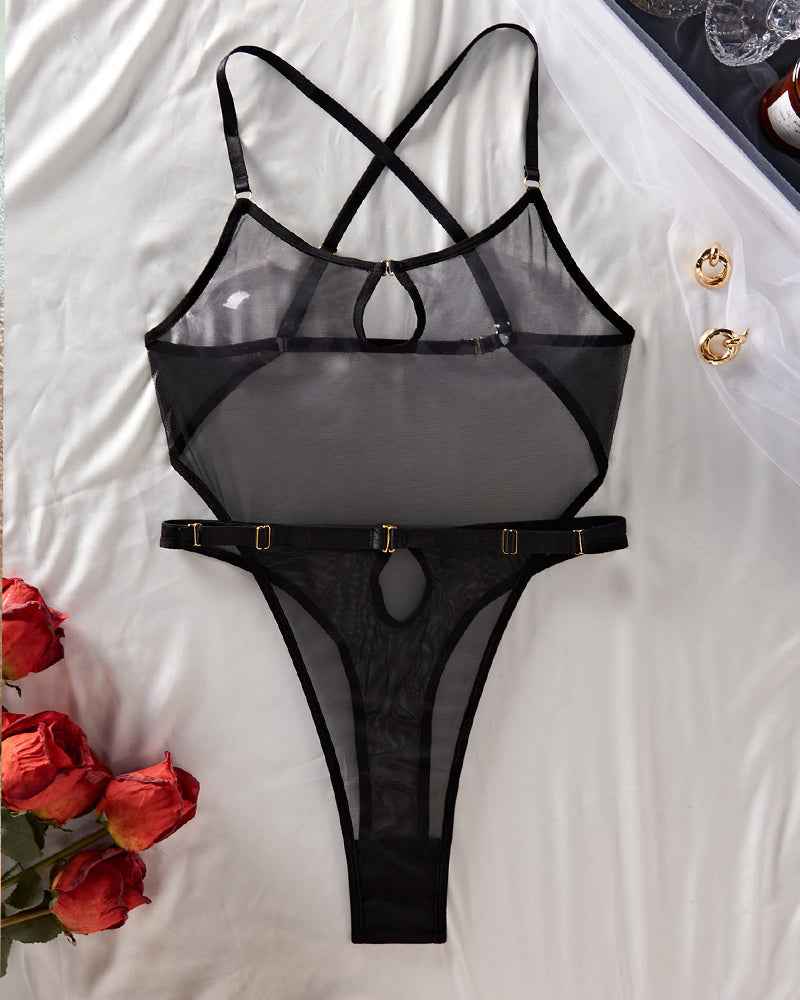 Hollow Mesh Sheer Cross-back Bodysuits