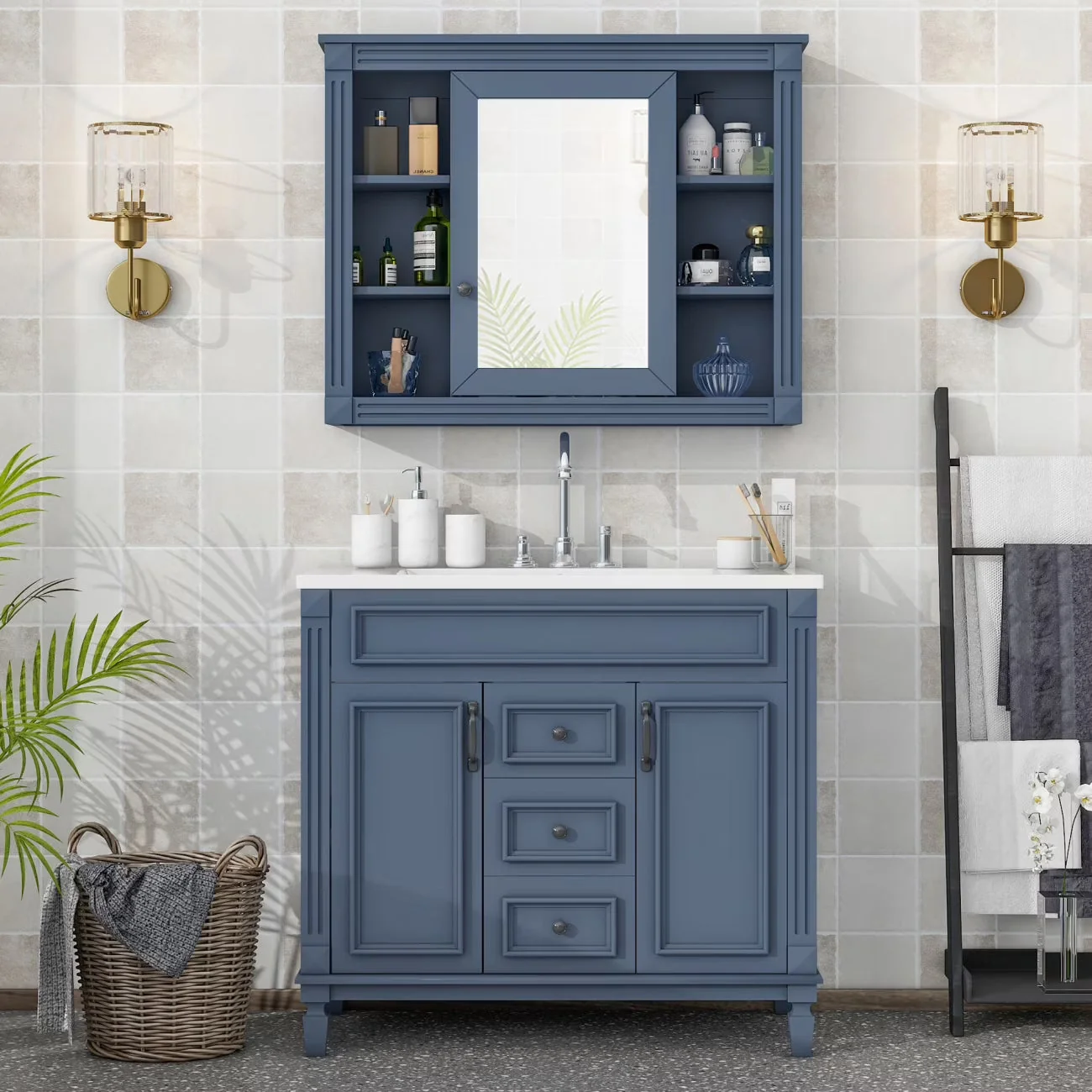 36'' Bathroom Vanity Set With Ceramic Sink Top, Mirror Cabinet, 2 Doors And 2 Drawers - Gray - Image 2 36'' Bathroom Vanity Set With Ceramic Sink Top, Mirror Cabinet, 2 Doors And 2 Drawers - Gray - Image 2