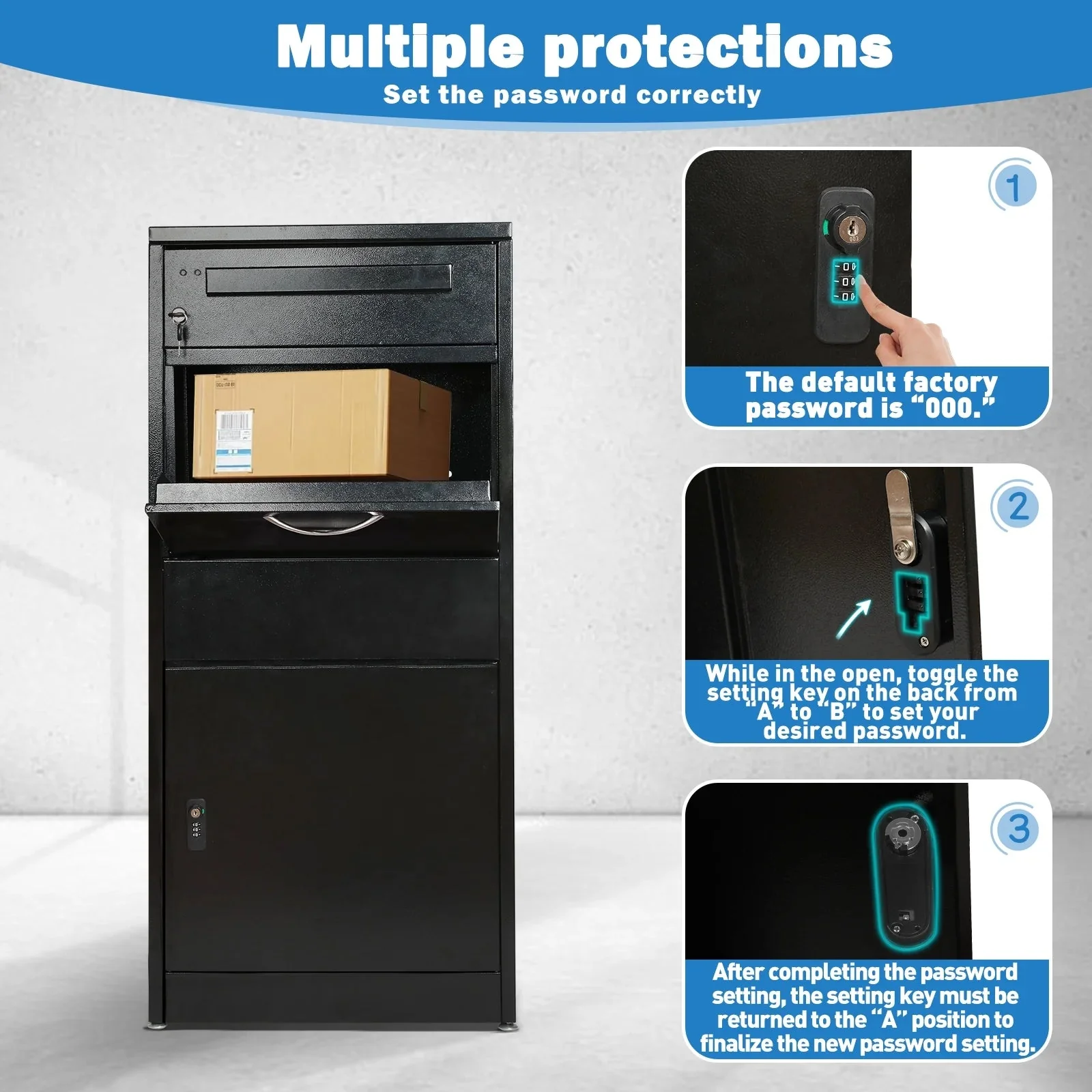 Gaonala Steel Package Delivery Box 19.6x14.4x44.9in Lockable Weather-Resistant Black - Image 8 Gaonala Steel Package Delivery Box 19.6x14.4x44.9in Lockable Weather-Resistant Black - Image 8