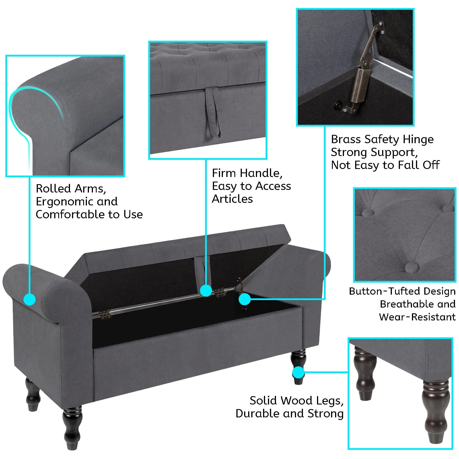 Storage Bench with Upholstered Rolled Arm Ottoman Bench Couch w/ Solid Wood Legs for Bedroom End of Bed,and Living room,Gray - Image 3