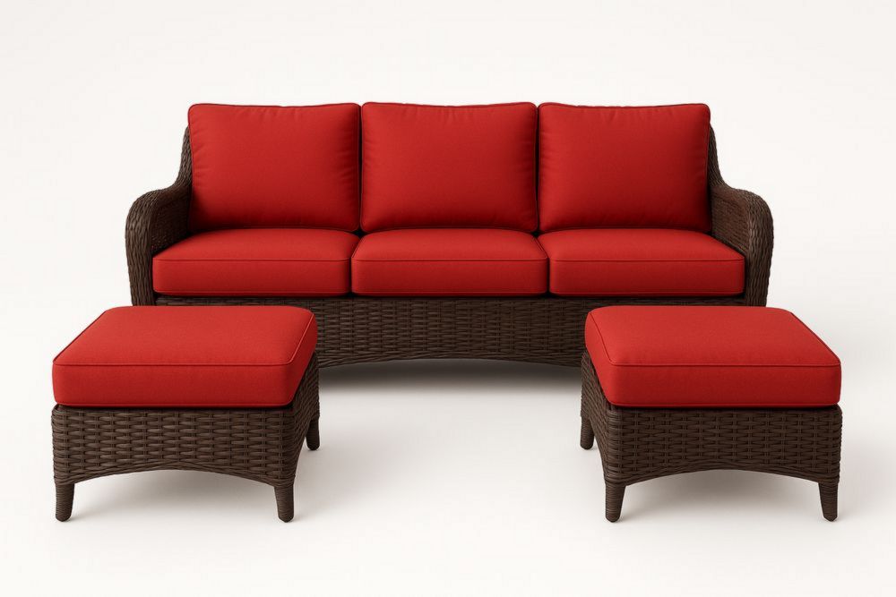Conjunto de Sofá y Dos Ottomans Rectangulares Marrón/Color Rojo de Ratán Sintético y Cojines de Poliéster
