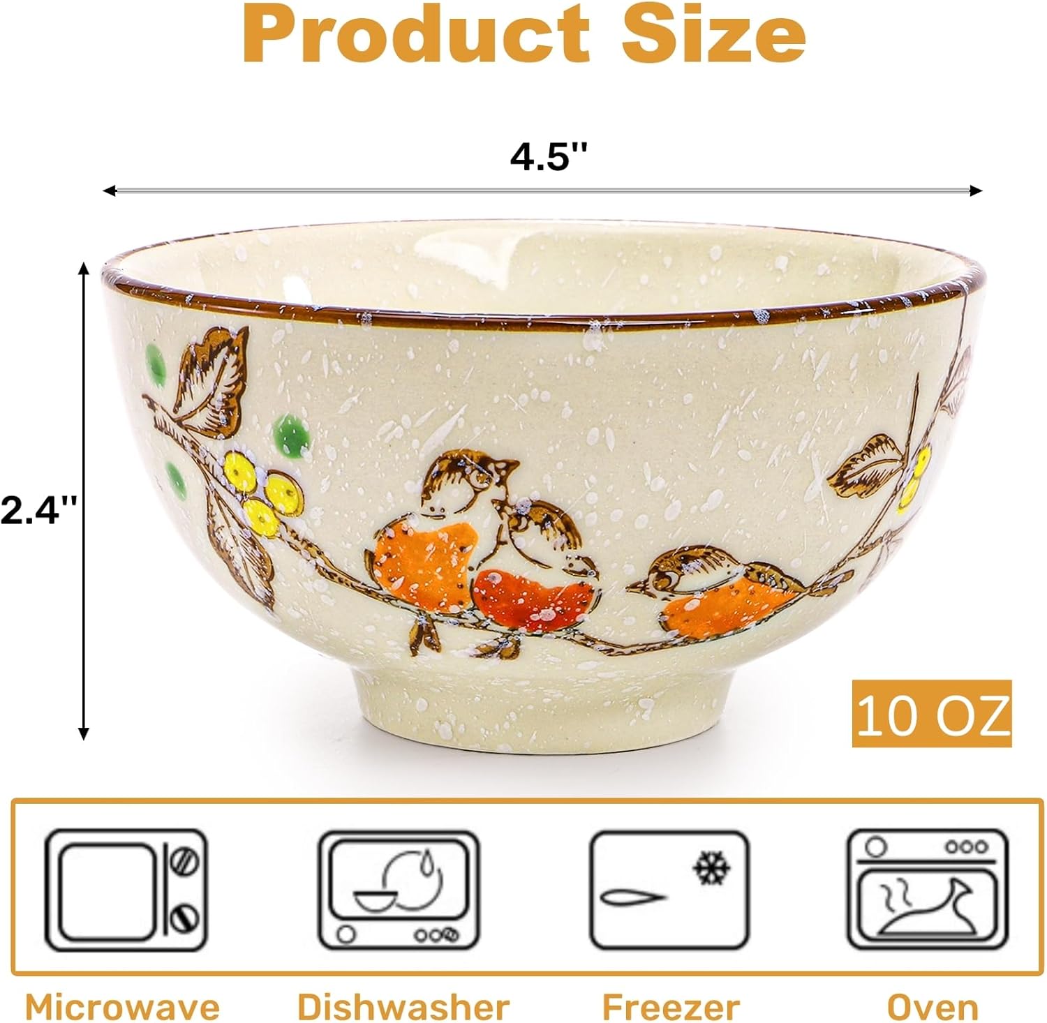6 Pack Retro Ceramic Bowls, 4.5 Inch Japanese Rice Bowl, 10 Oz Small Soup Serving Set Hand-painted Cereal Holder for Salad, Dessert, Ice Cream, Noodles, Dishwasher Microwave Safe
