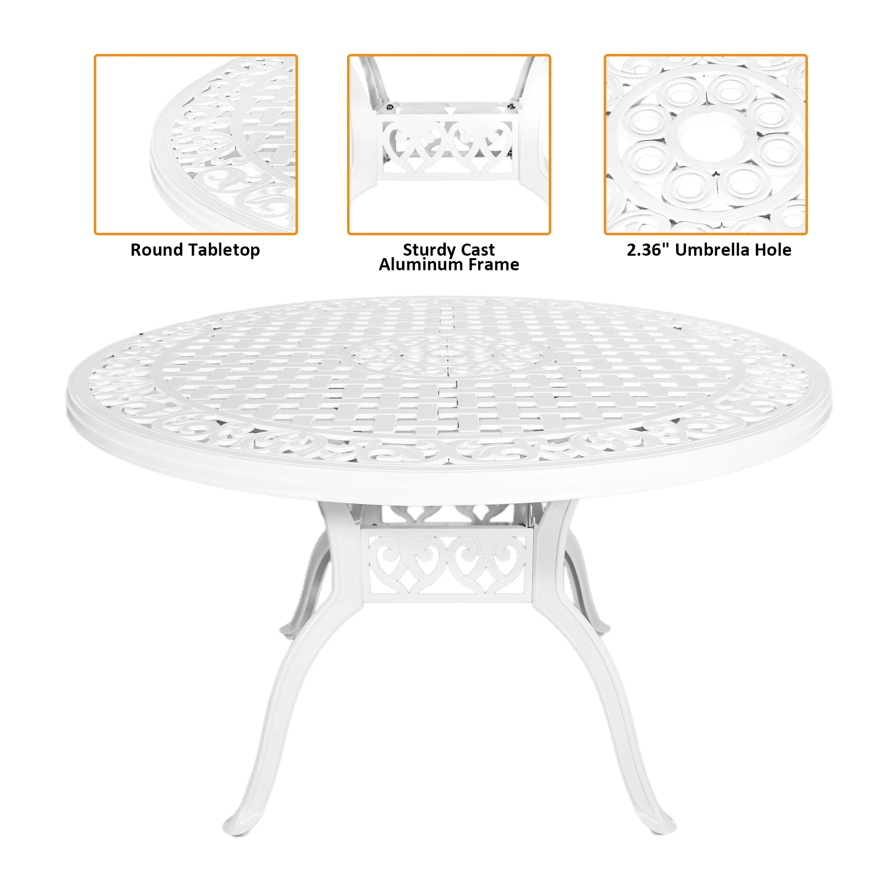 48" Round Patio Table for 6-8 Person Cast Aluminum Patio Table with 2.36" Umbrella Hole,Metal Outdoor Dining Tables,Wrought Iron Patio Bistro Table,White Patio Table. - Image 4