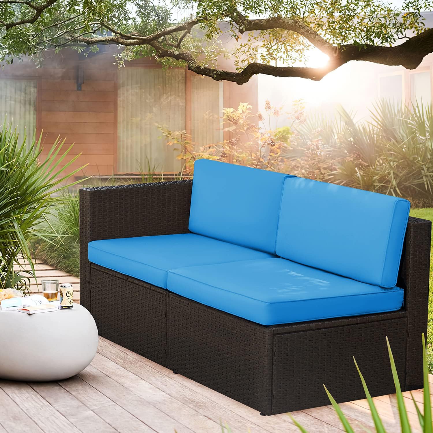 Devoko 5 Pieces Patio Furniture Sets All Weather Outdoor Sectional Patio Sofa Manual Weaving Wicker Rattan Patio Seating Sofas with Cushion and Glass Table(Beige)