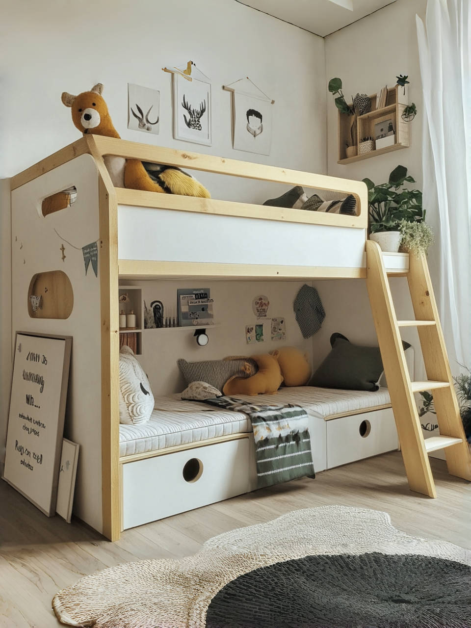 Cama litera madera pino macizo,blanco y natural claro,con cajones y escalera,dormitorio infantil,244,5x158x145 cm